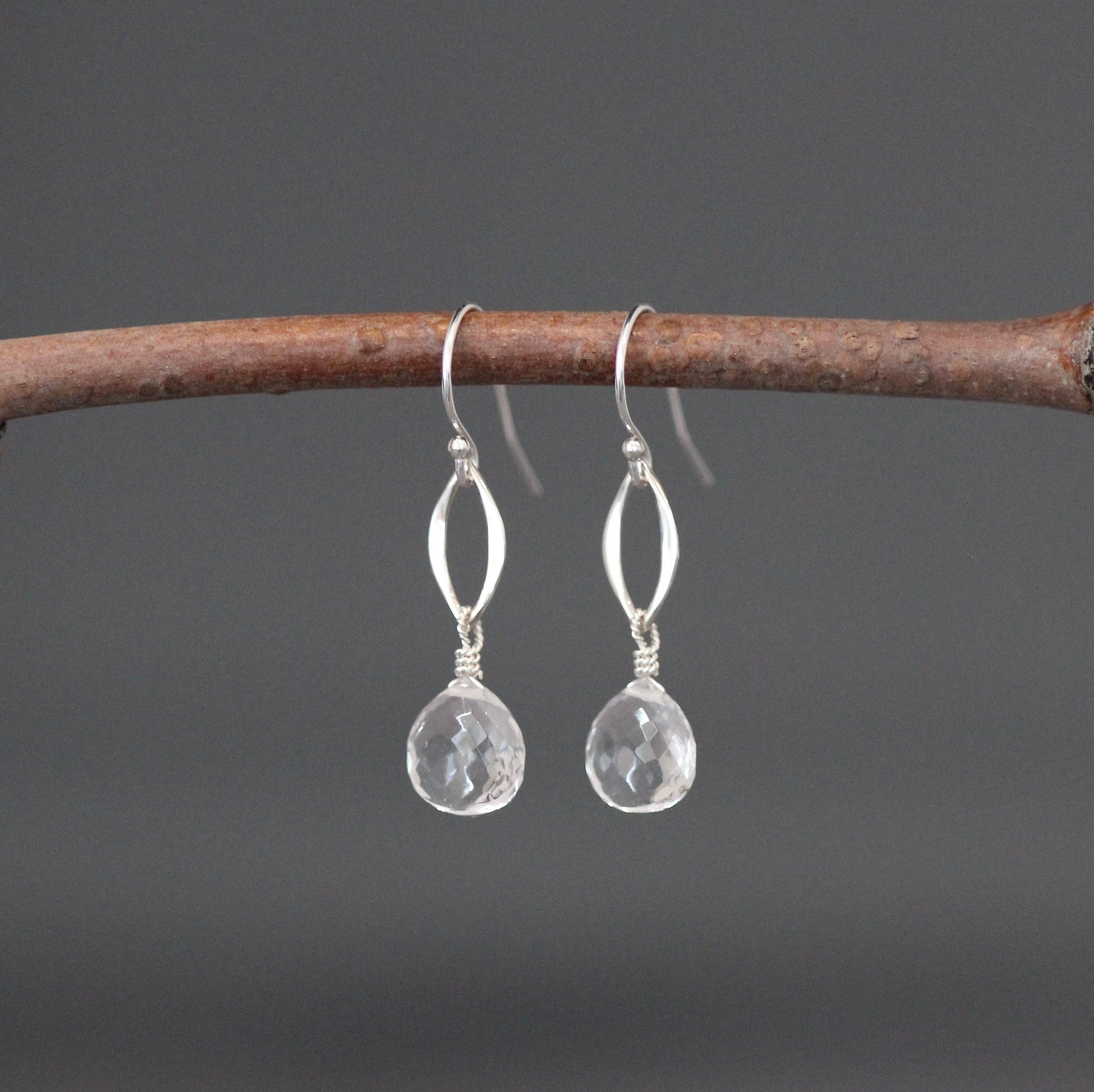 Clear Quartz Crystal Teardrop Earrings on Sterling Silver Marquise Links