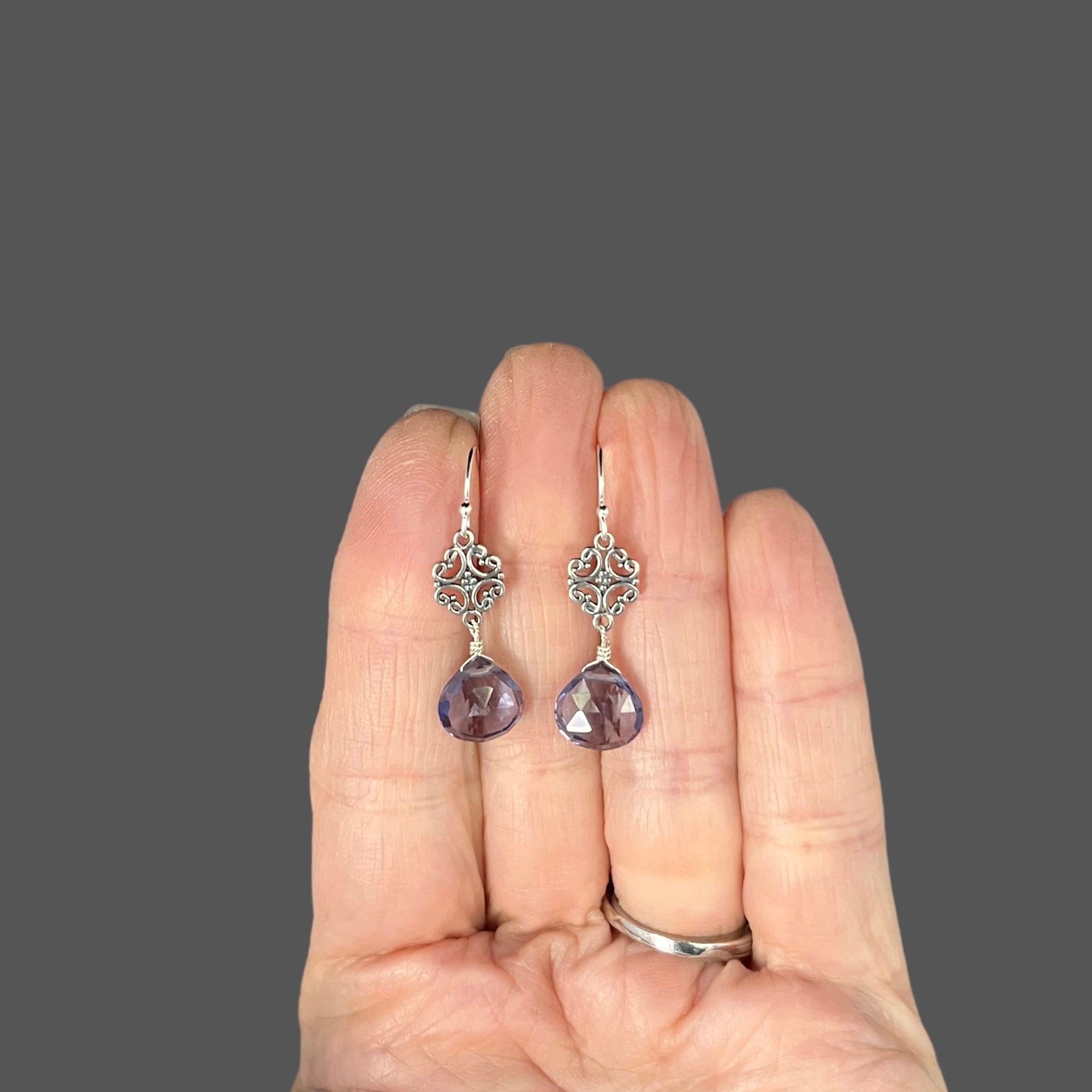 Blue Iolite Quartz Teardrop Earrings with Sterling Silver Filigree Links