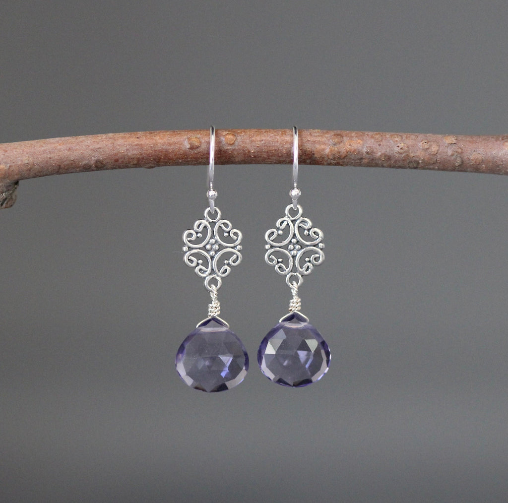 Blue Iolite Quartz Teardrop Earrings with Sterling Silver Filigree Links
