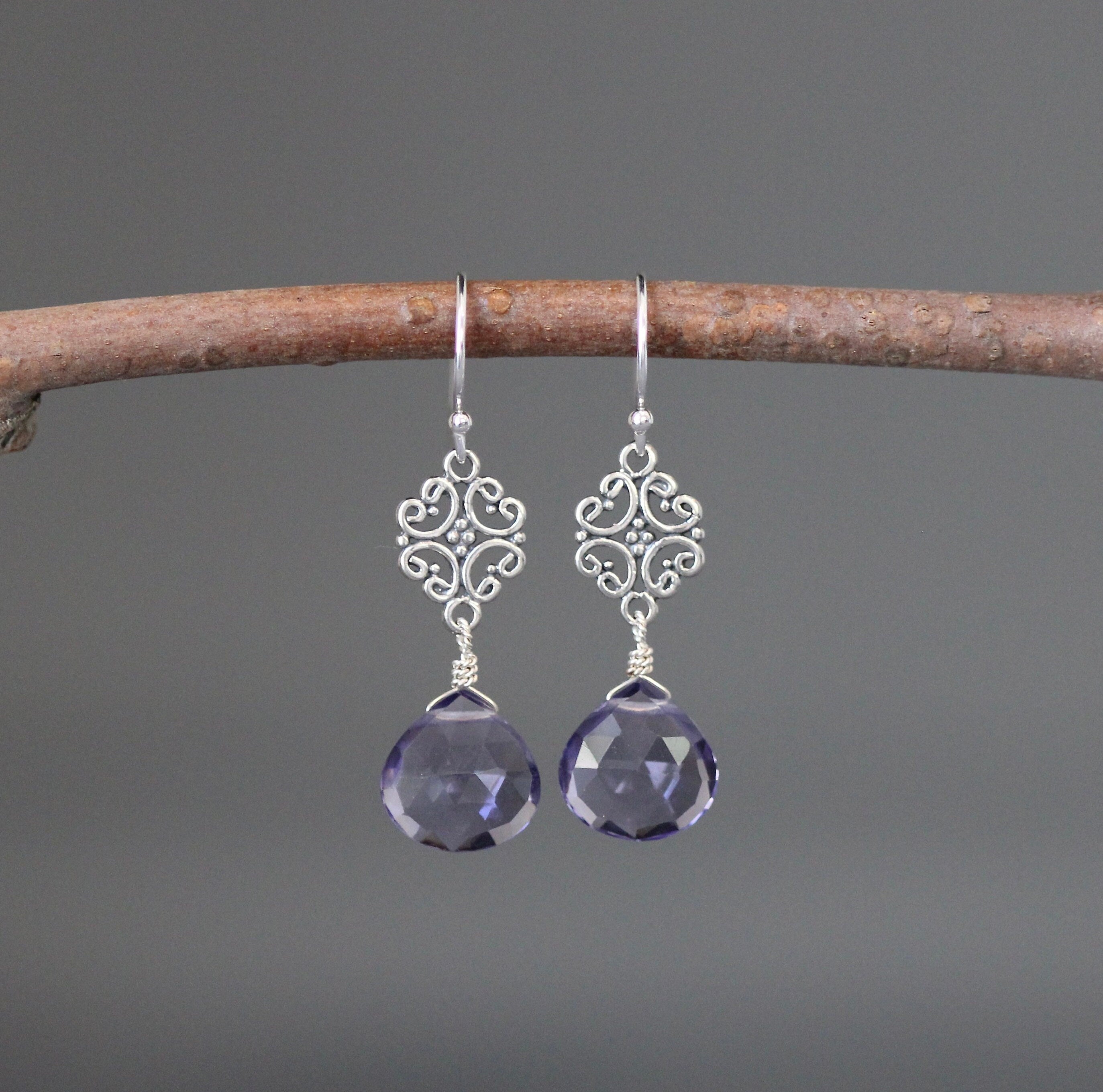 Blue Iolite Quartz Teardrop Earrings with Sterling Silver Filigree Links