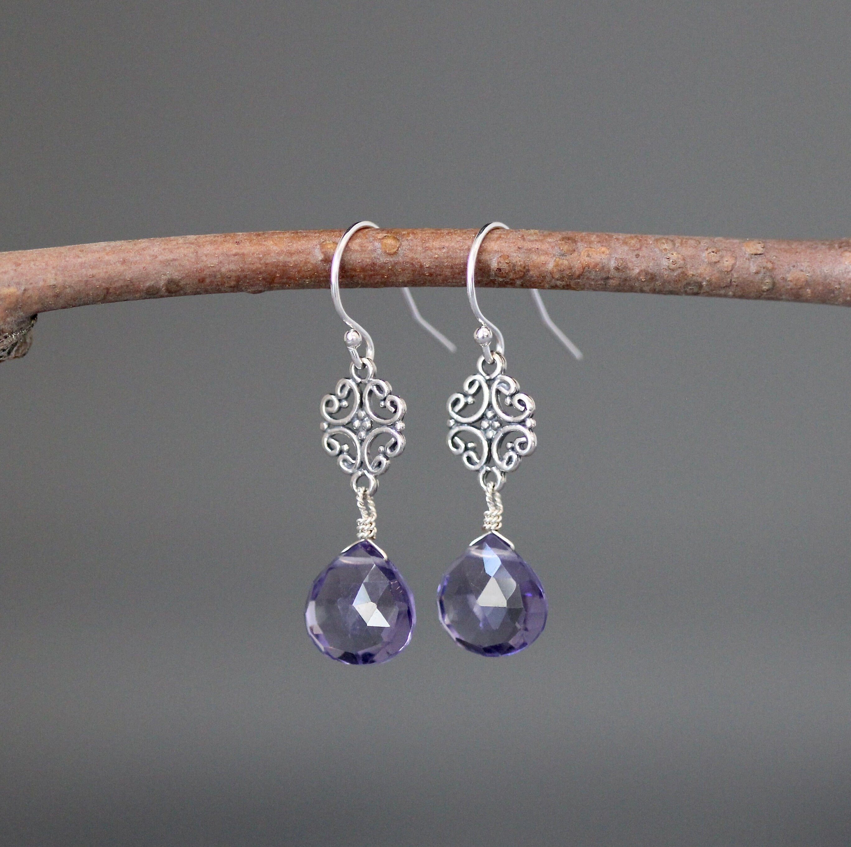 Blue Iolite Quartz Teardrop Earrings with Sterling Silver Filigree Links