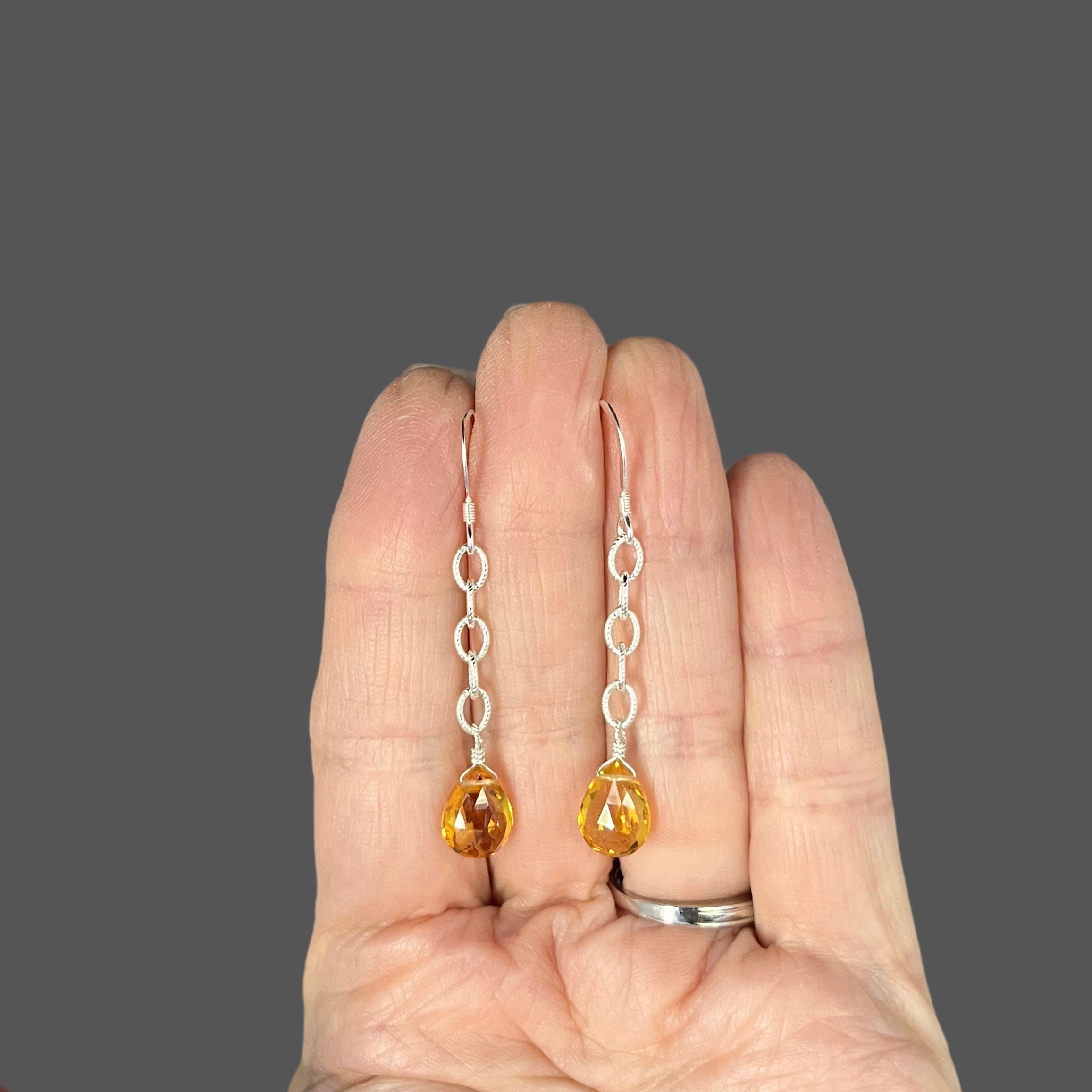 Citrine Quartz Teardrop Dangle Earrings on Sterling Silver Chain