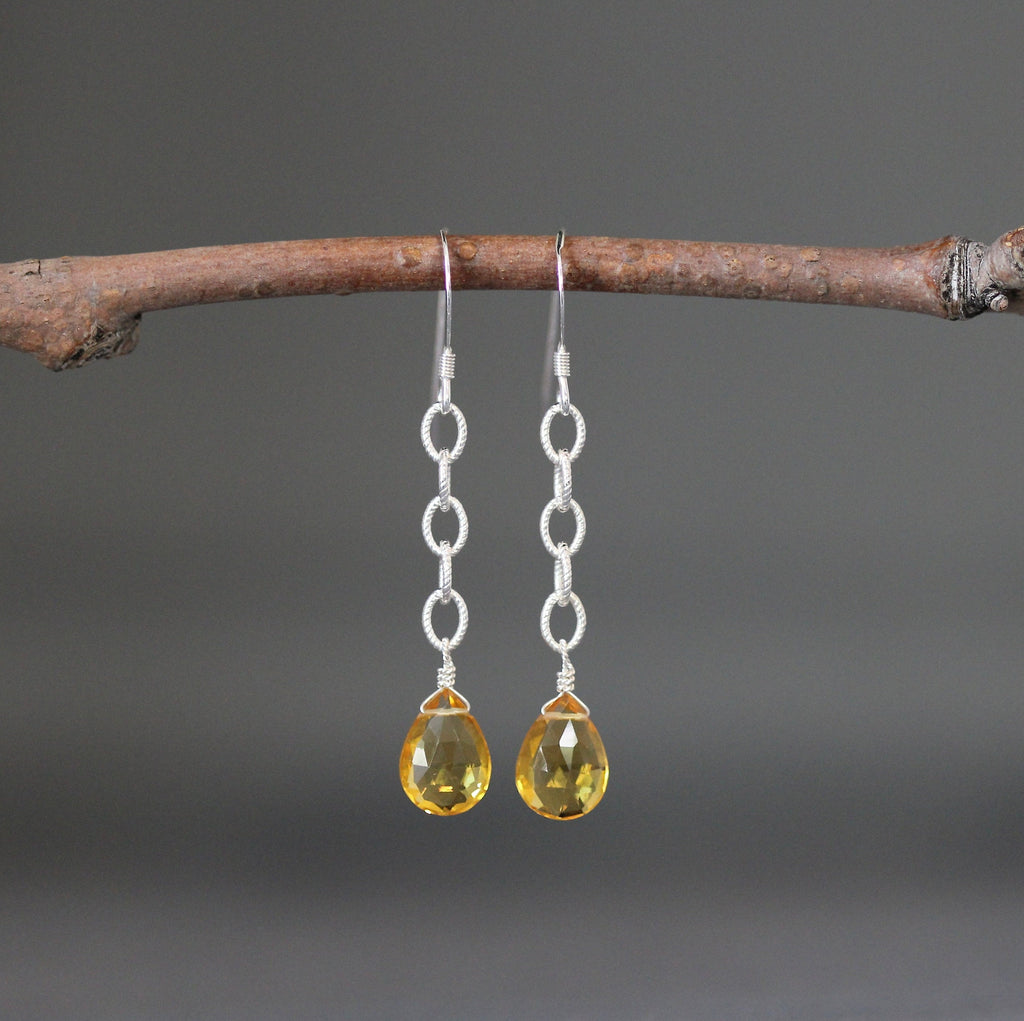 Citrine Quartz Teardrop Dangle Earrings on Sterling Silver Chain