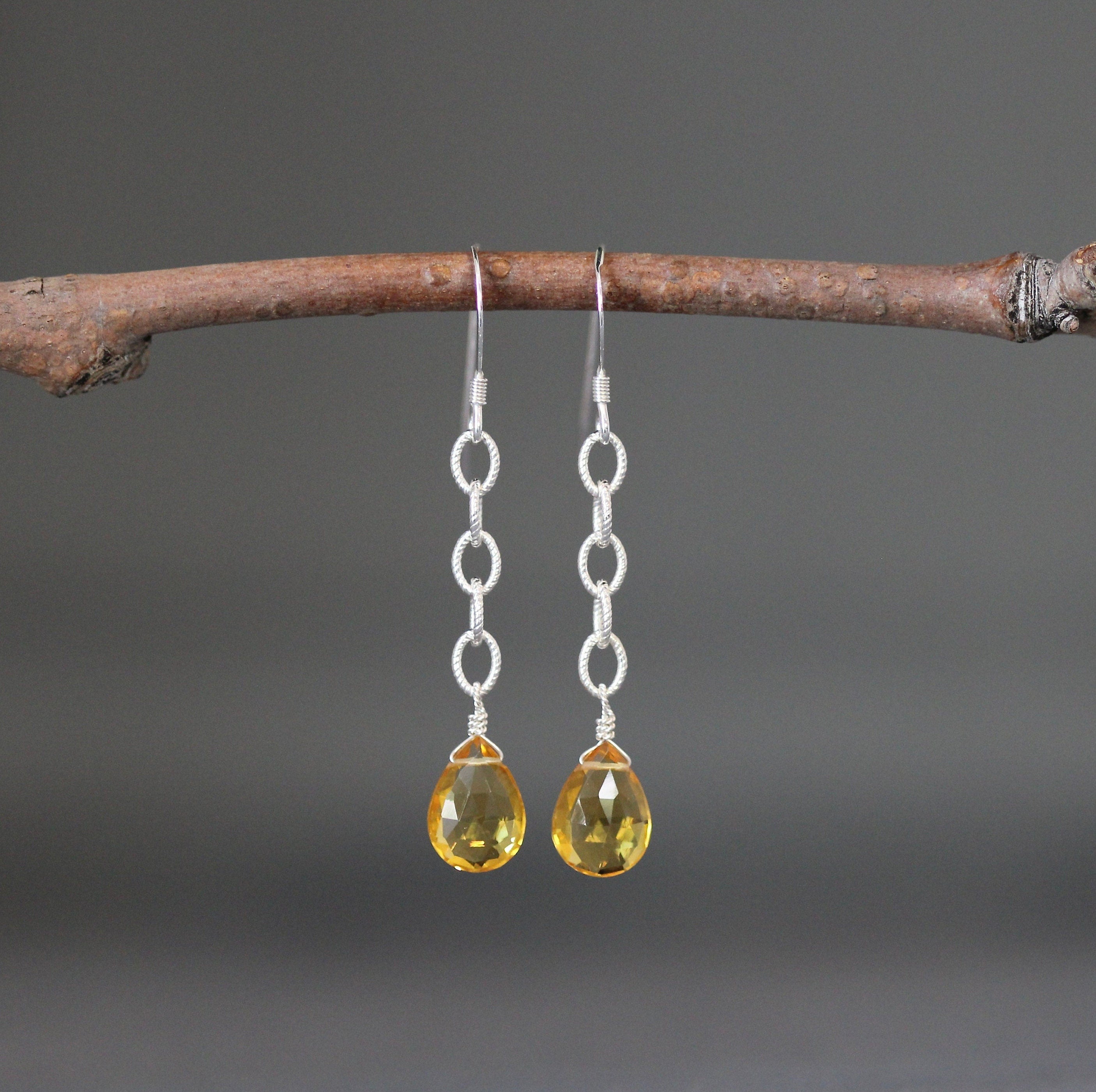 Citrine Quartz Teardrop Dangle Earrings on Sterling Silver Chain