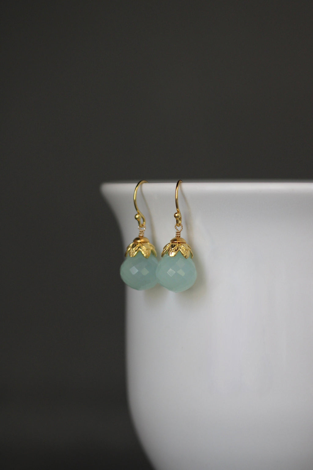 Aqua Chalcedony Briolette Earrings with Gold Vermeil Caps