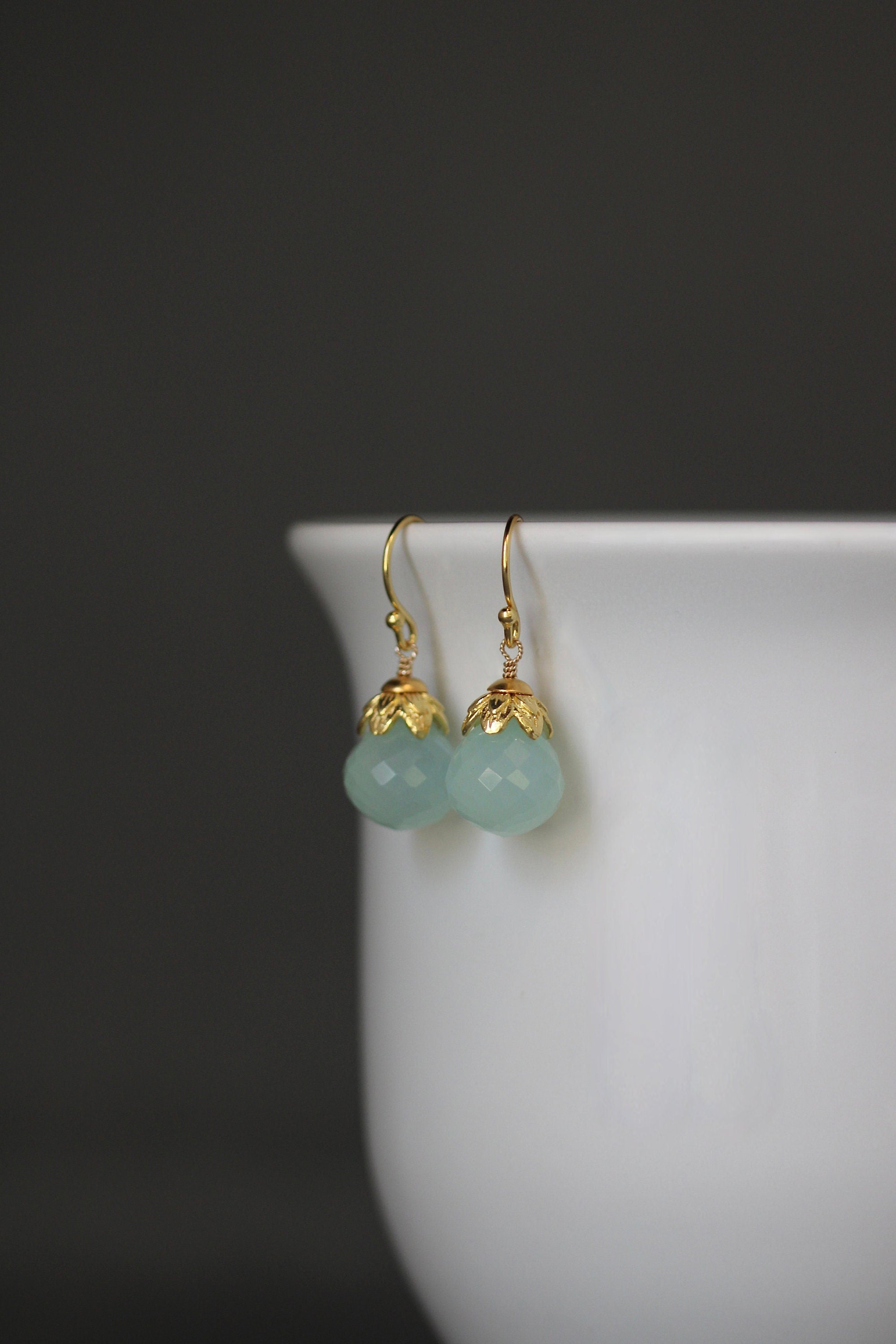 Aqua Chalcedony Briolette Earrings with Gold Vermeil Caps