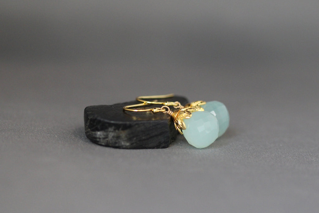 Aqua Chalcedony Briolette Earrings with Gold Vermeil Caps