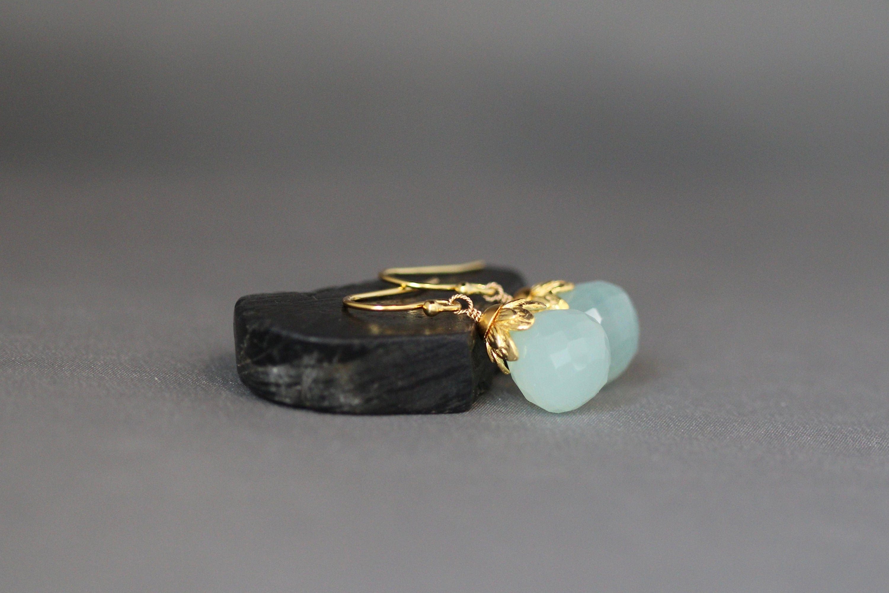 Aqua Chalcedony Briolette Earrings with Gold Vermeil Caps