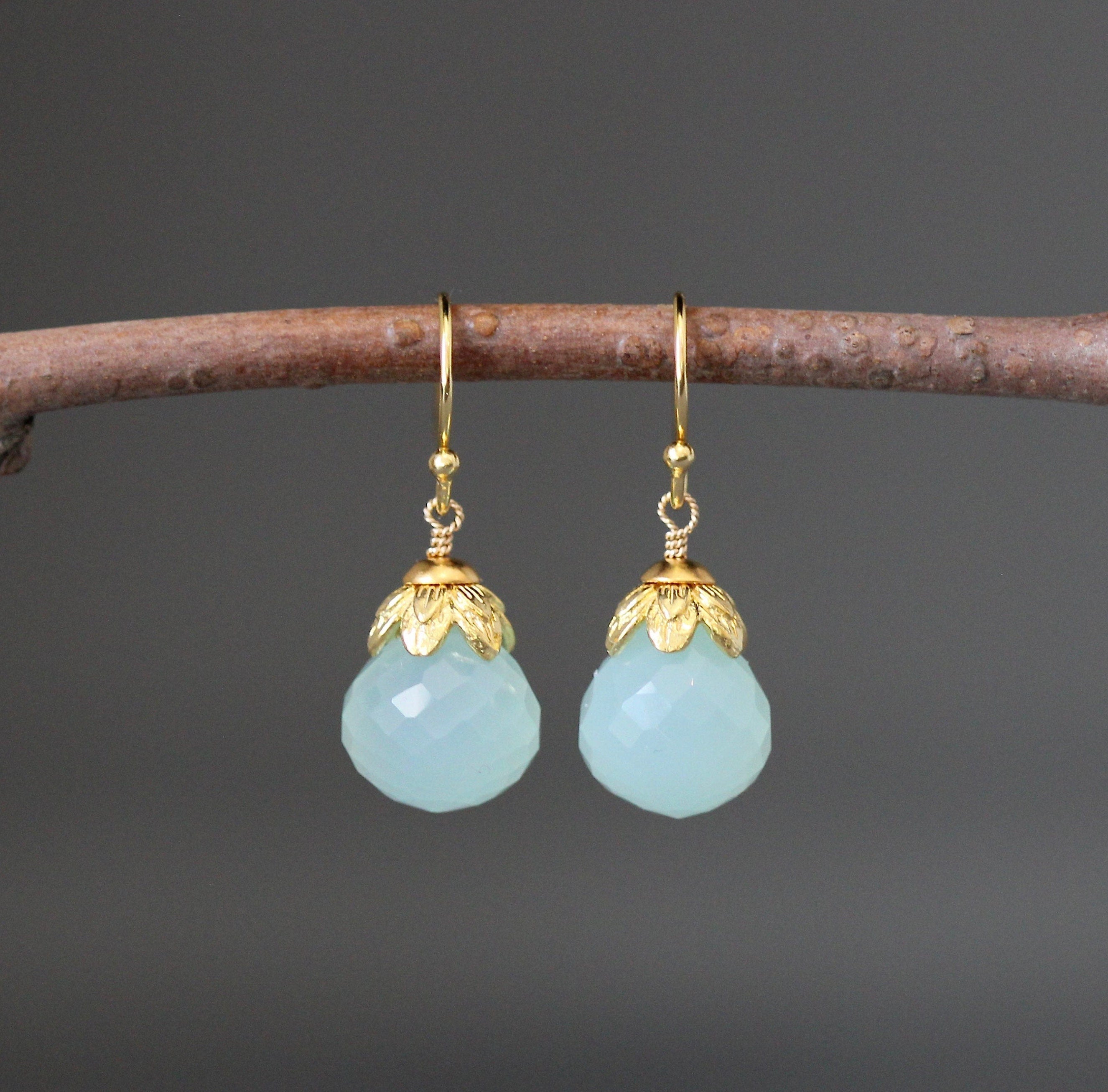 Aqua Chalcedony Briolette Earrings with Gold Vermeil Caps