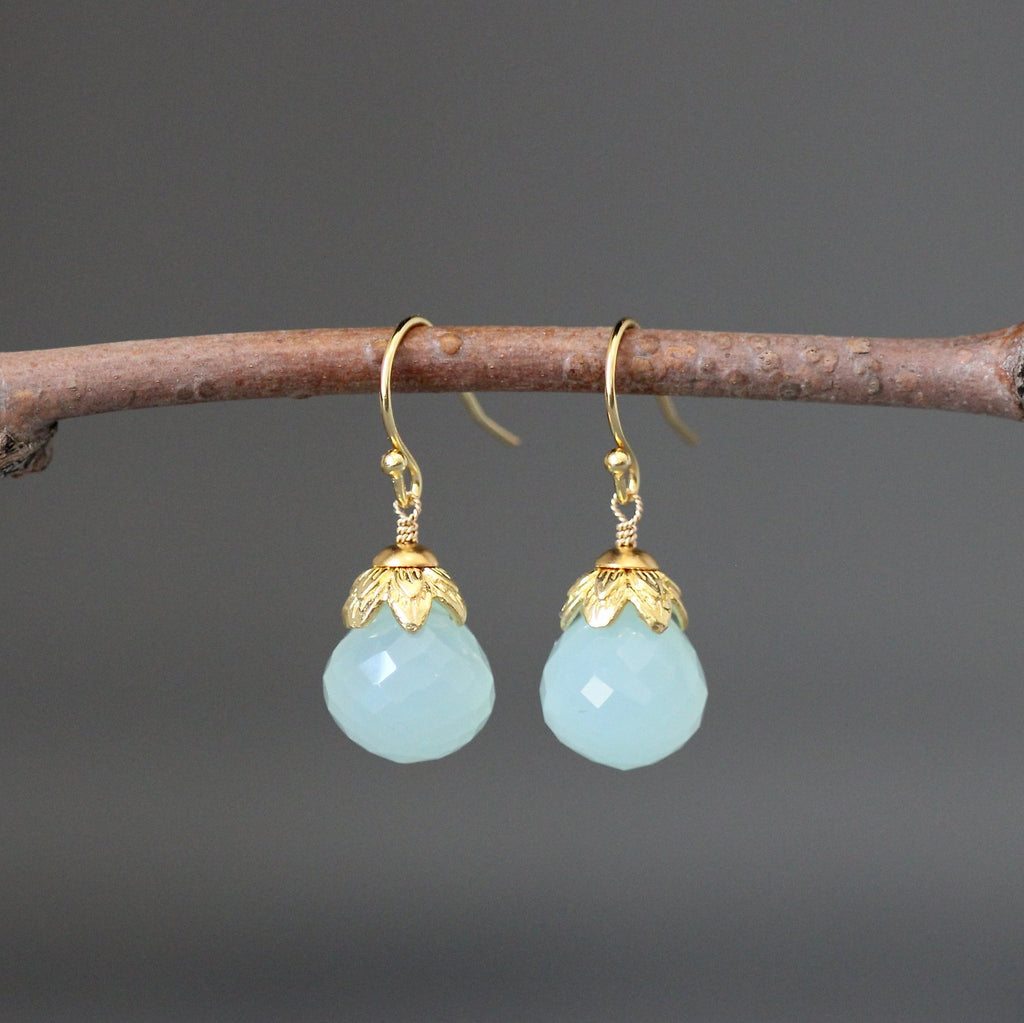 Aqua Chalcedony Briolette Earrings with Gold Vermeil Caps