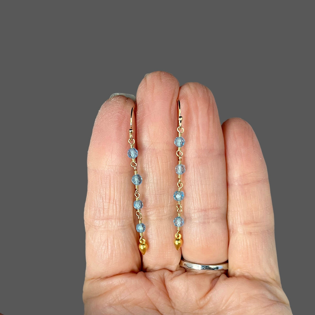 Blue Topaz and Matte Gold Vermeil Long Dangle Earrings on Gold Filled