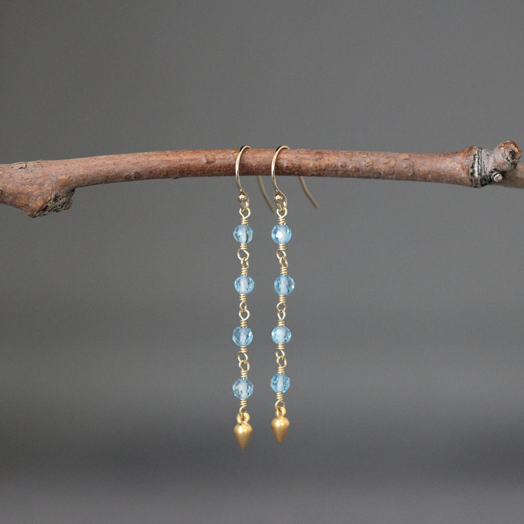 Blue Topaz and Matte Gold Vermeil Long Dangle Earrings on Gold Filled