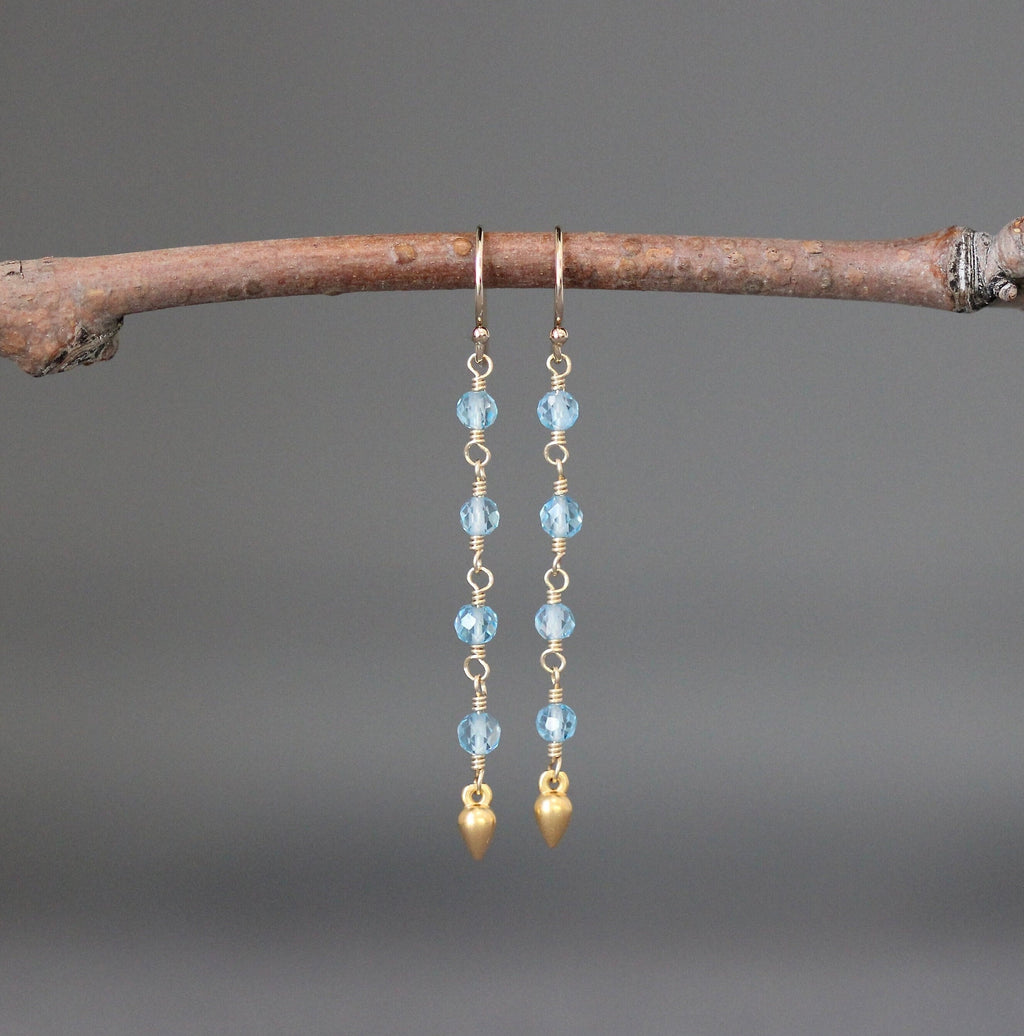 Blue Topaz and Matte Gold Vermeil Long Dangle Earrings on Gold Filled