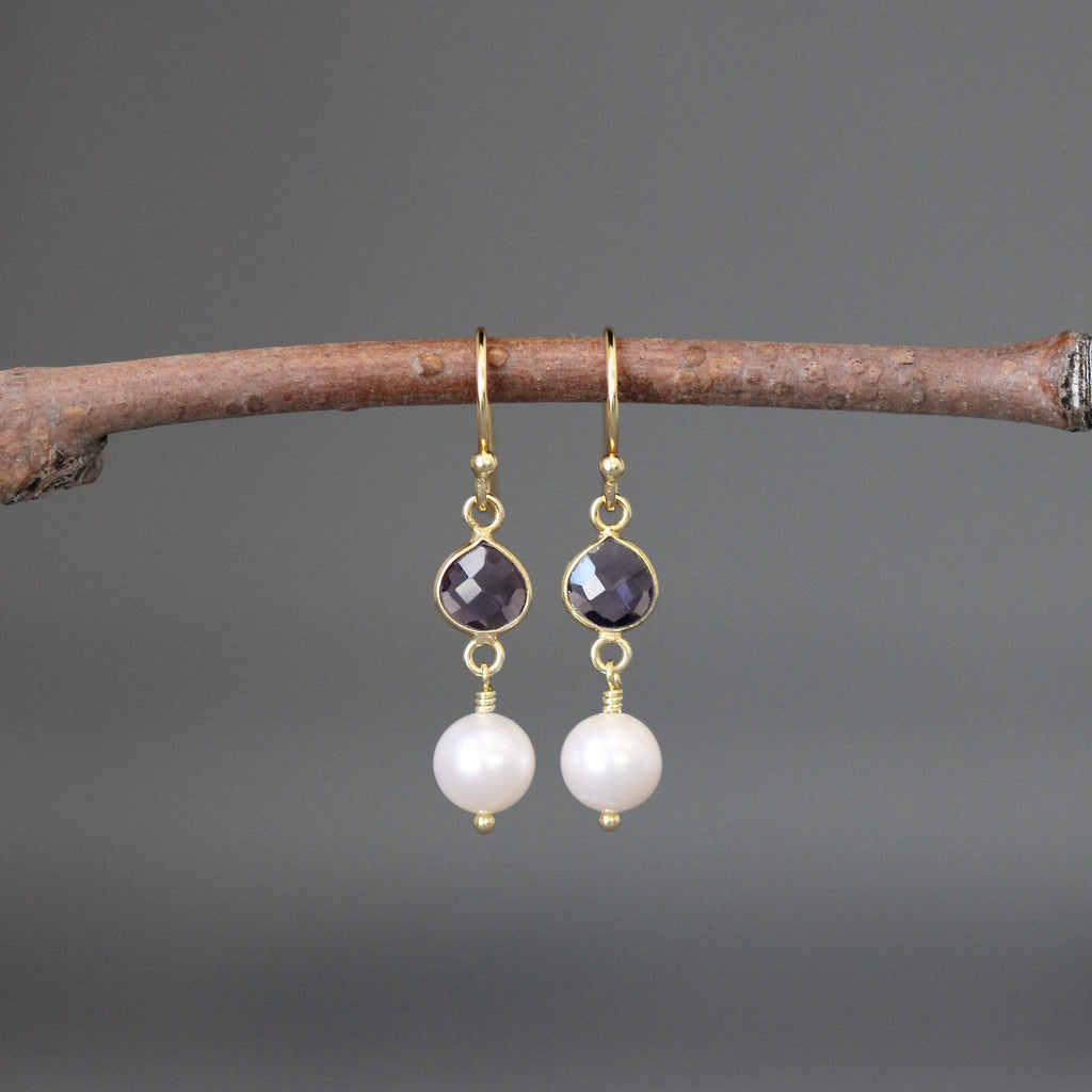 Amethyst Quartz and Freshwater Pearl Gold Vermeil Dangle Earrings