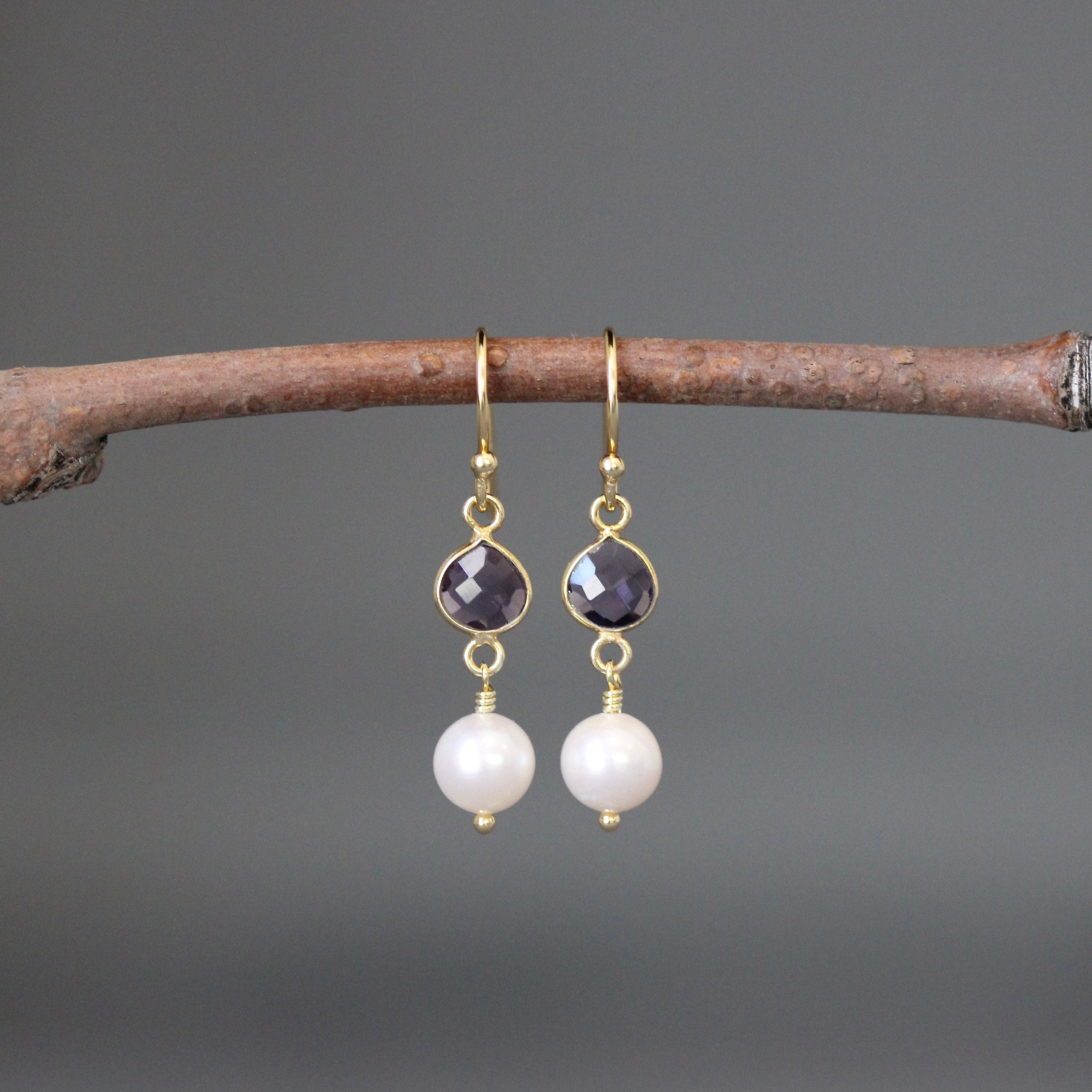 Amethyst Quartz and Freshwater Pearl Gold Vermeil Dangle Earrings