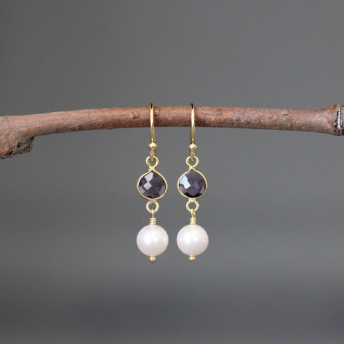 Amethyst Quartz and Freshwater Pearl Gold Vermeil Dangle Earrings