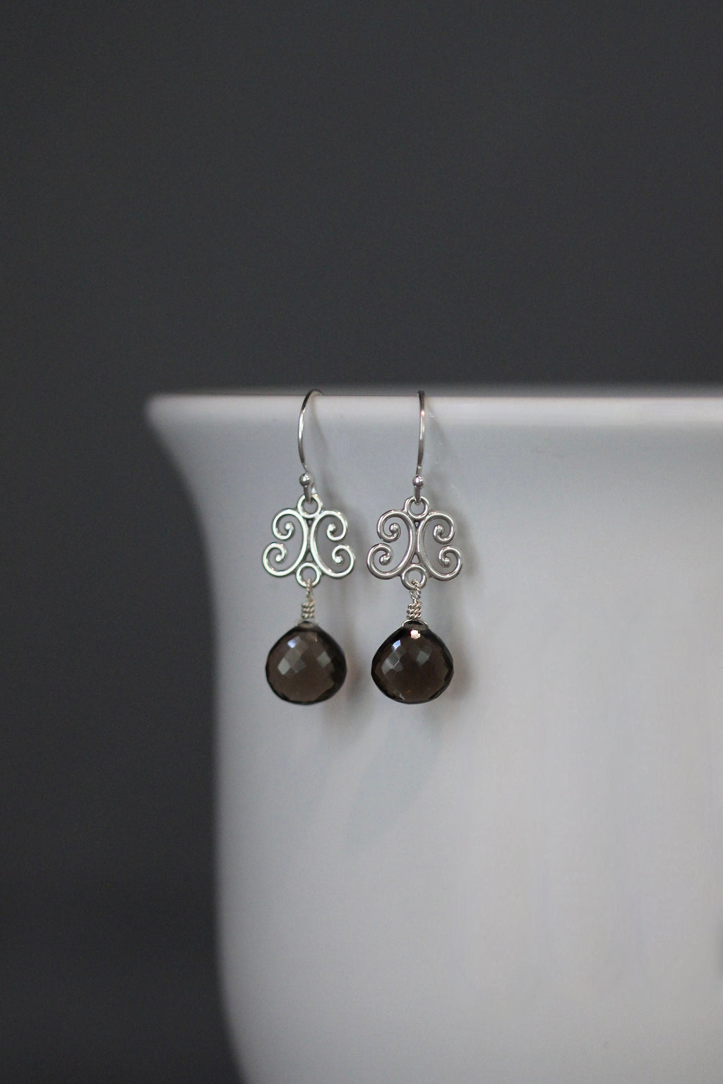 Smokey Quartz Teardrop and Bali Sterling Silver Link Dangle Earrings