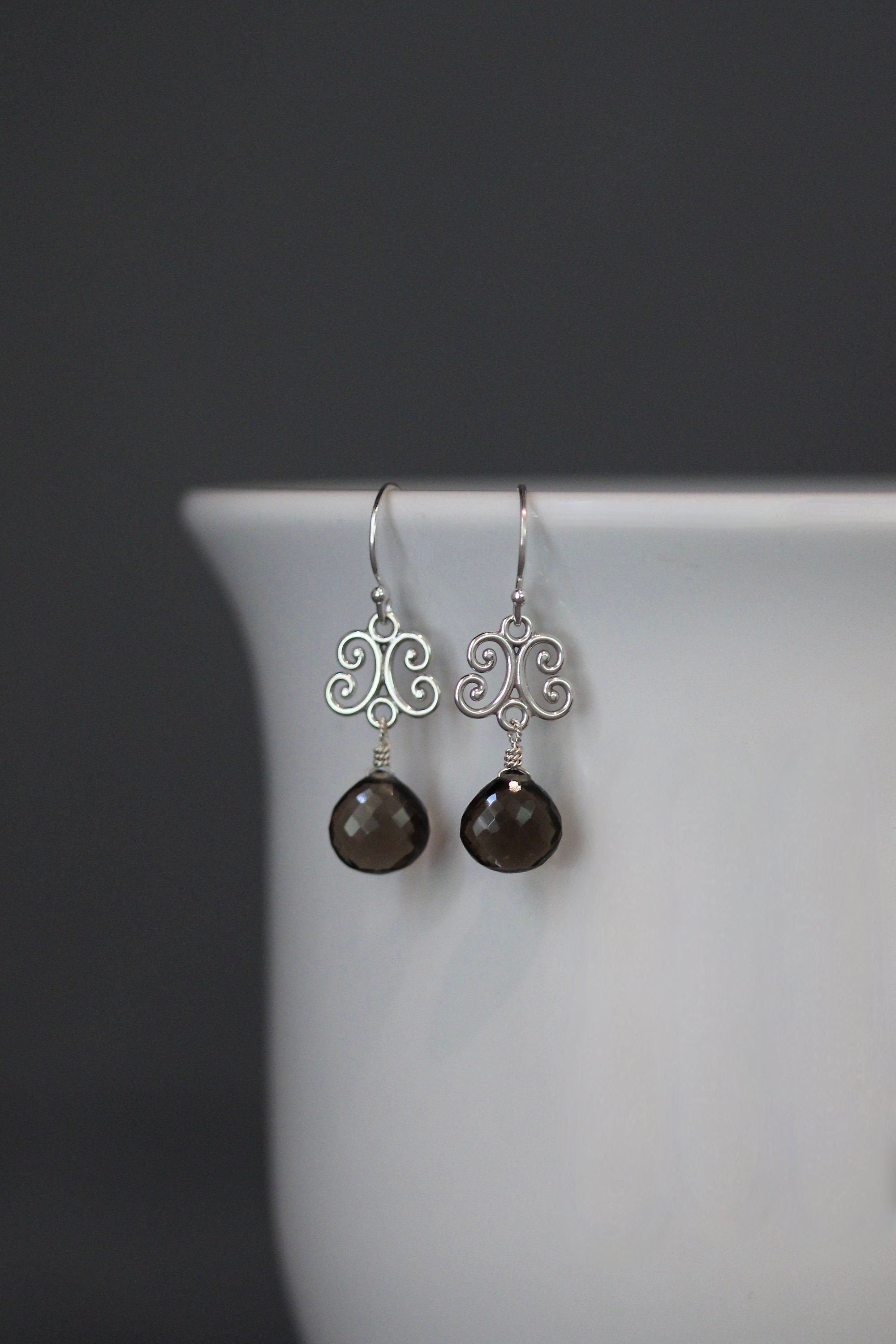 Smokey Quartz Teardrop and Bali Sterling Silver Link Dangle Earrings