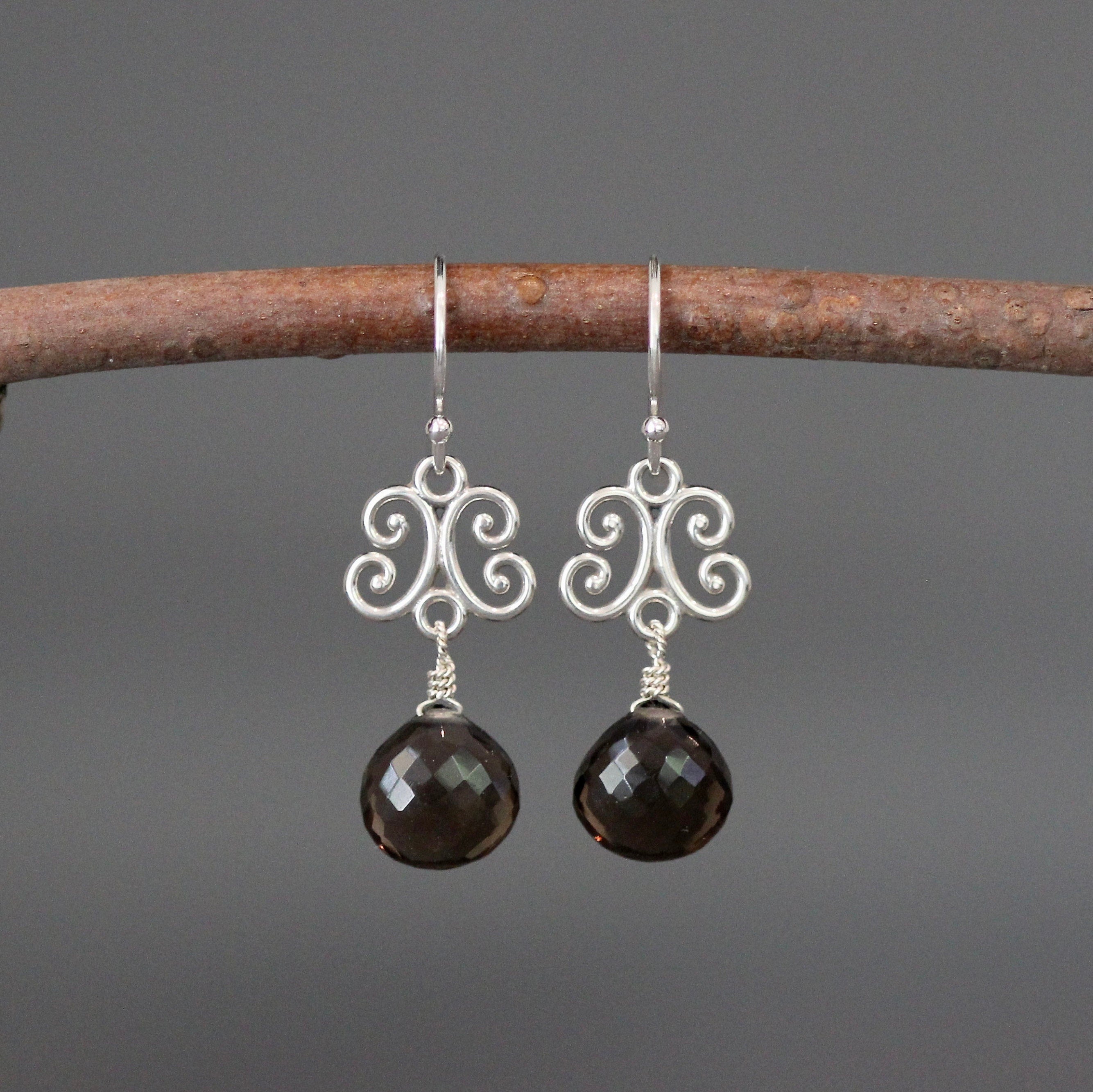 Smokey Quartz Teardrop and Bali Sterling Silver Link Dangle Earrings