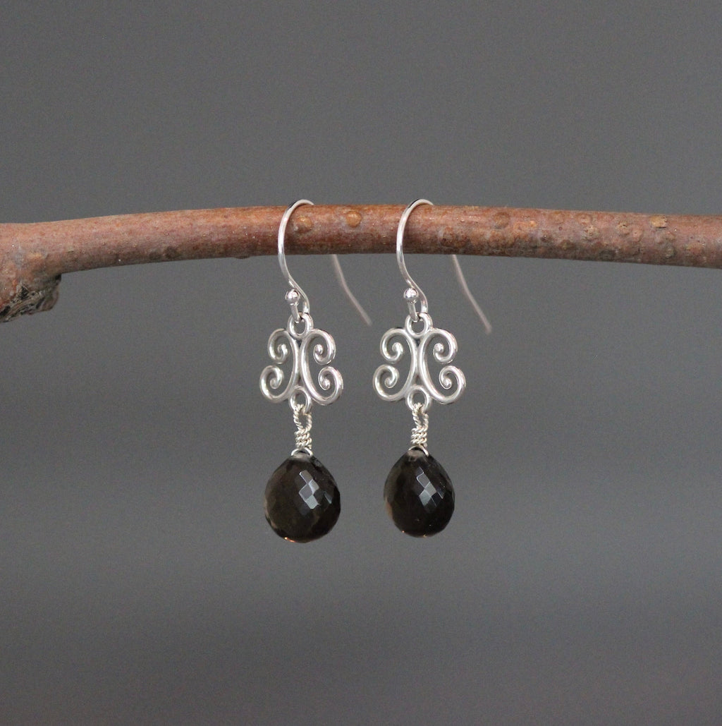 Smokey Quartz Teardrop and Bali Sterling Silver Link Dangle Earrings