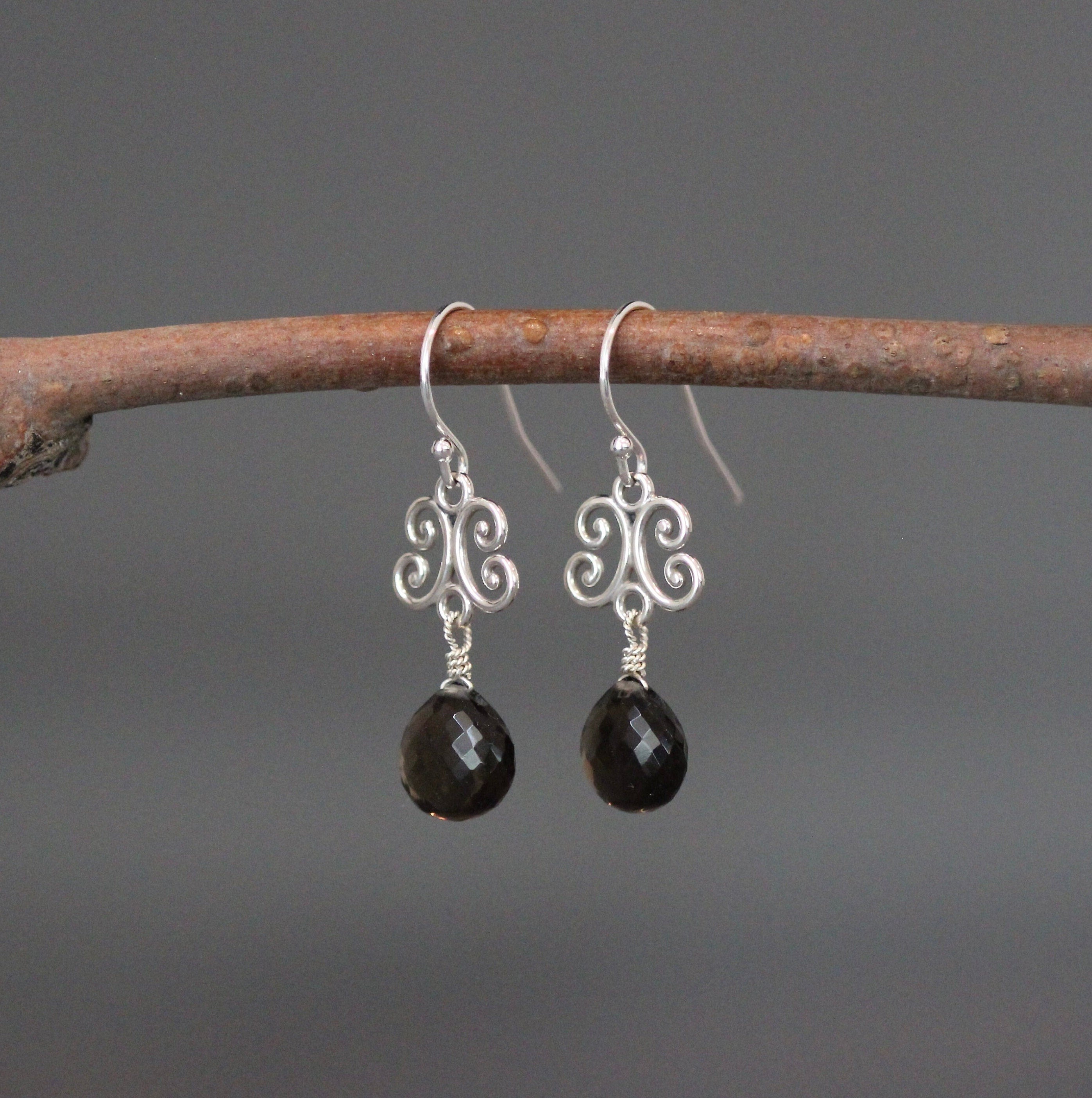 Smokey Quartz Teardrop and Bali Sterling Silver Link Dangle Earrings
