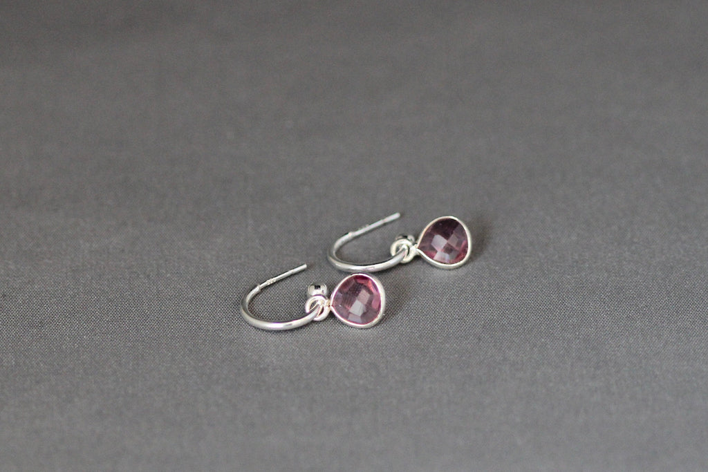 Hot Pink Quartz Bezel Charm Earrings on Sterling Silver Post Hoops