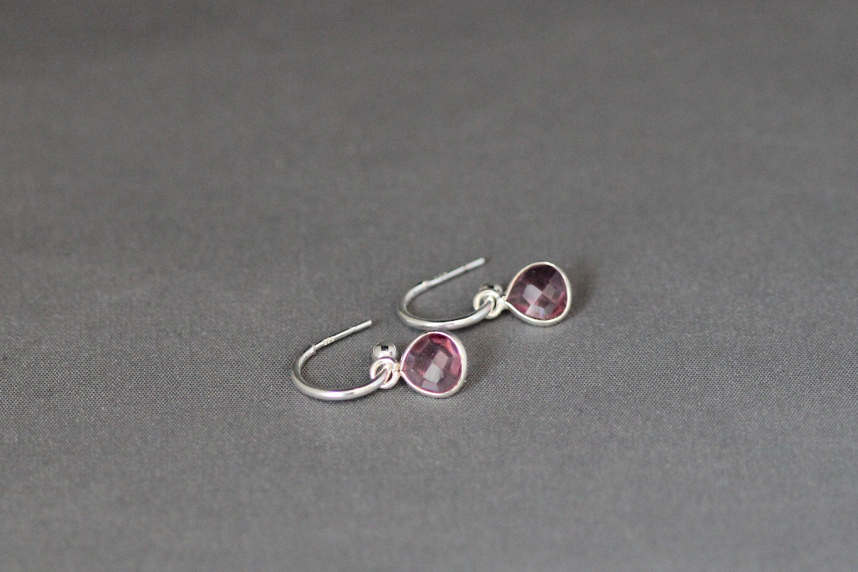 Hot Pink Quartz Bezel Charm Earrings on Sterling Silver Post Hoops