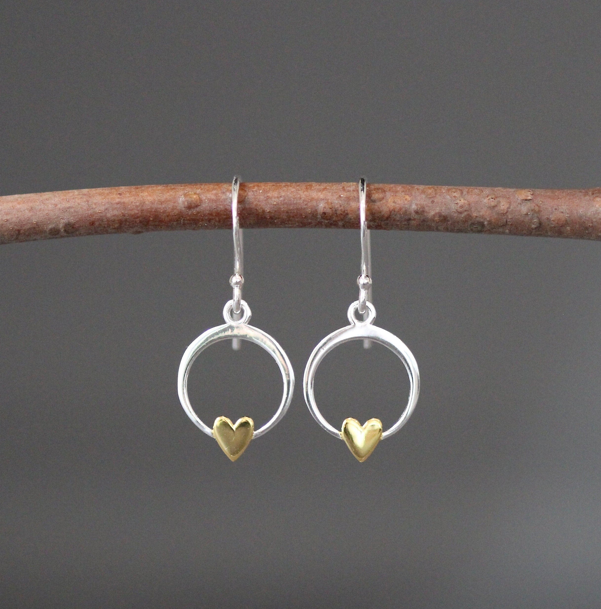 Sterling Silver and Gold Vermeil Heart Charm Dangle Earrings