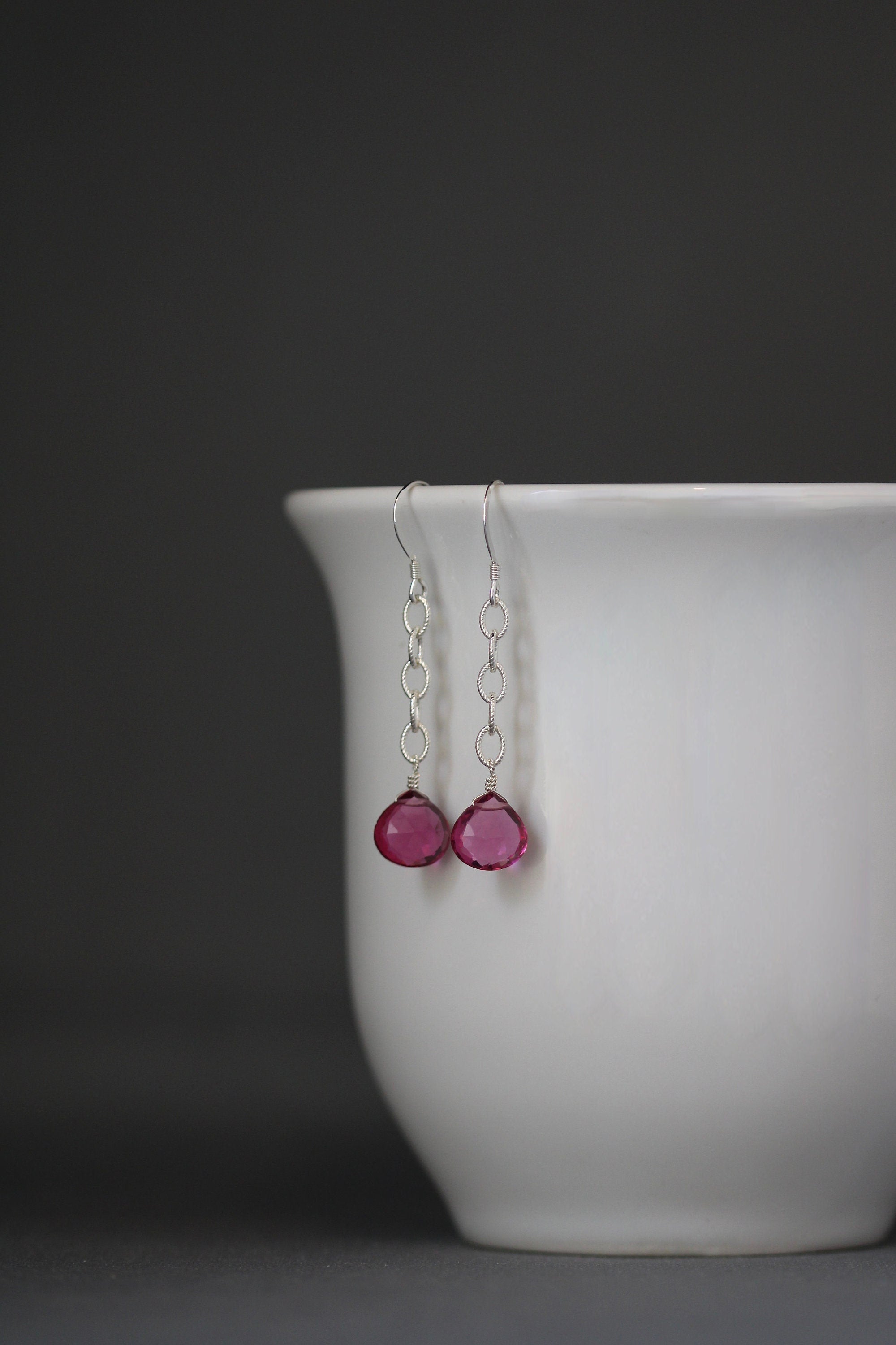 Hot Pink Quartz Teardrop Earrings on Sterling Silver Chain Links