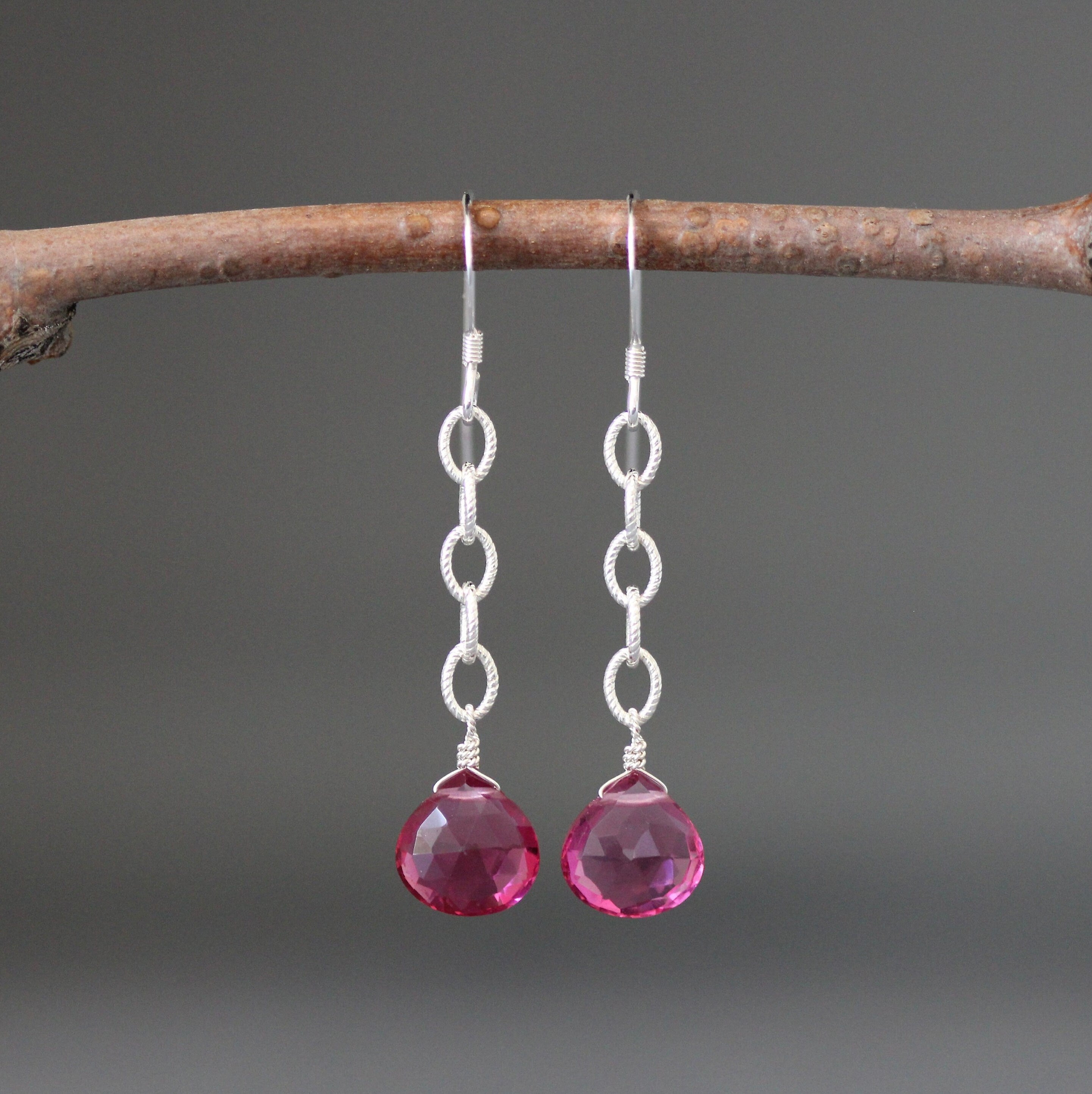 Hot Pink Quartz Teardrop Earrings on Sterling Silver Chain Links