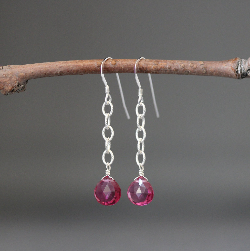 Hot Pink Quartz Teardrop Earrings on Sterling Silver Chain Links