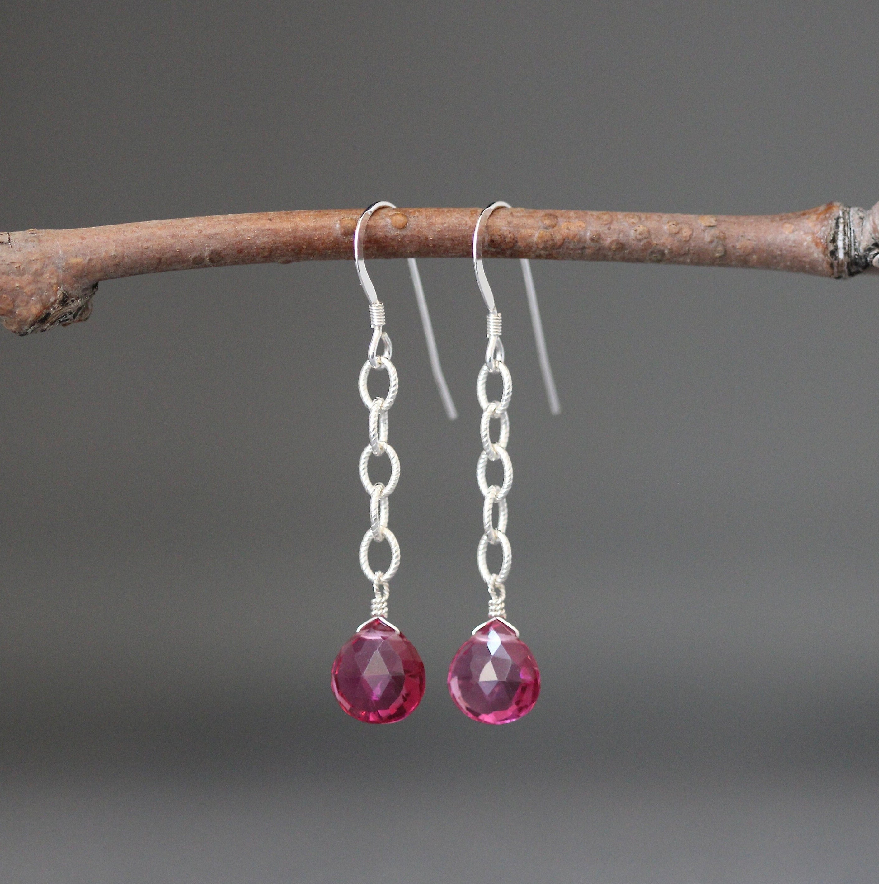 Hot Pink Quartz Teardrop Earrings on Sterling Silver Chain Links