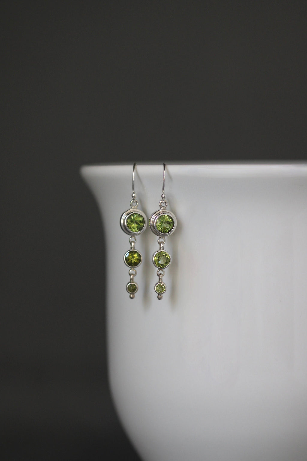 Peridot Three-Stone Graduated Bezel Sterling Silver Dangle Earrings