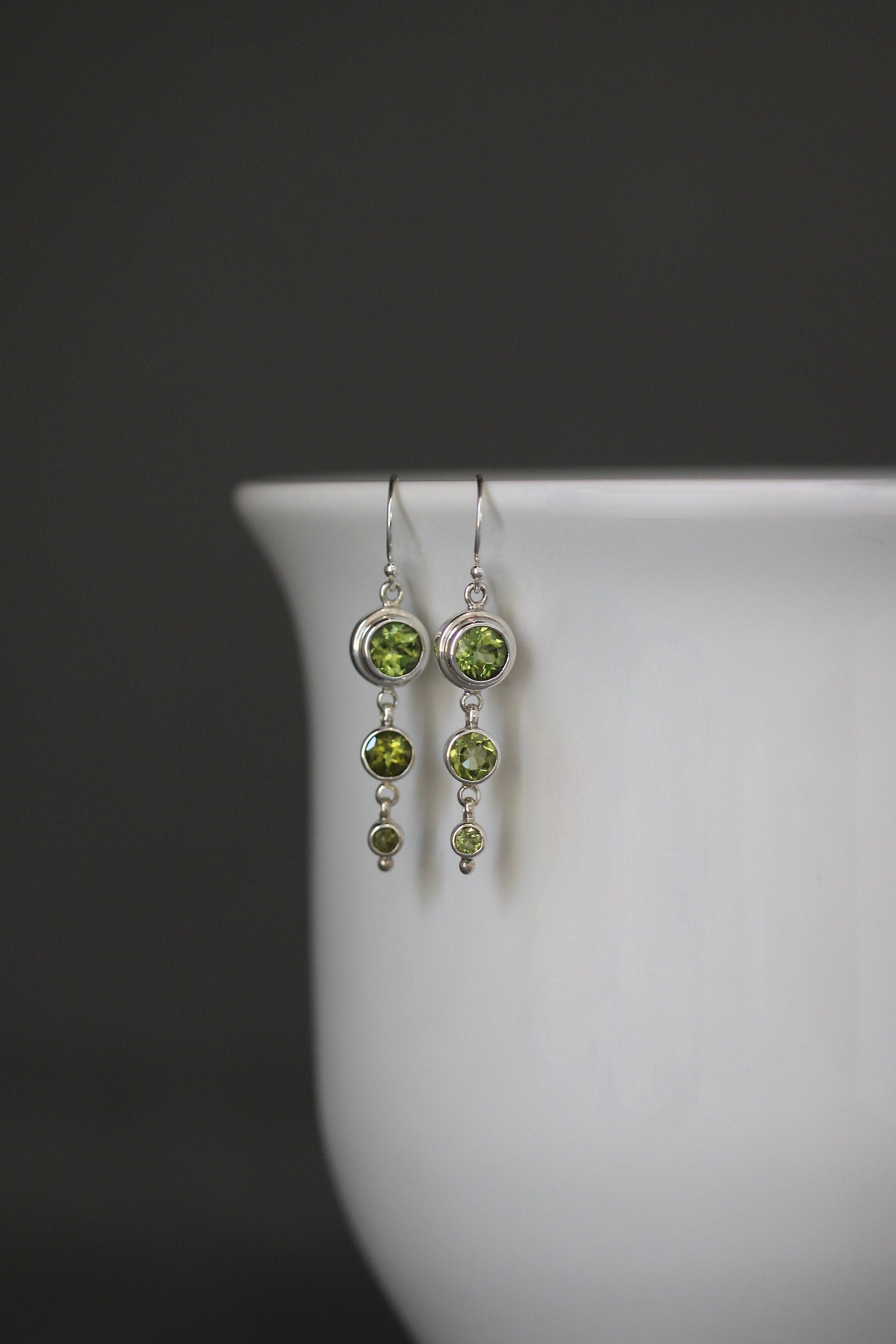 Peridot Three-Stone Graduated Bezel Sterling Silver Dangle Earrings