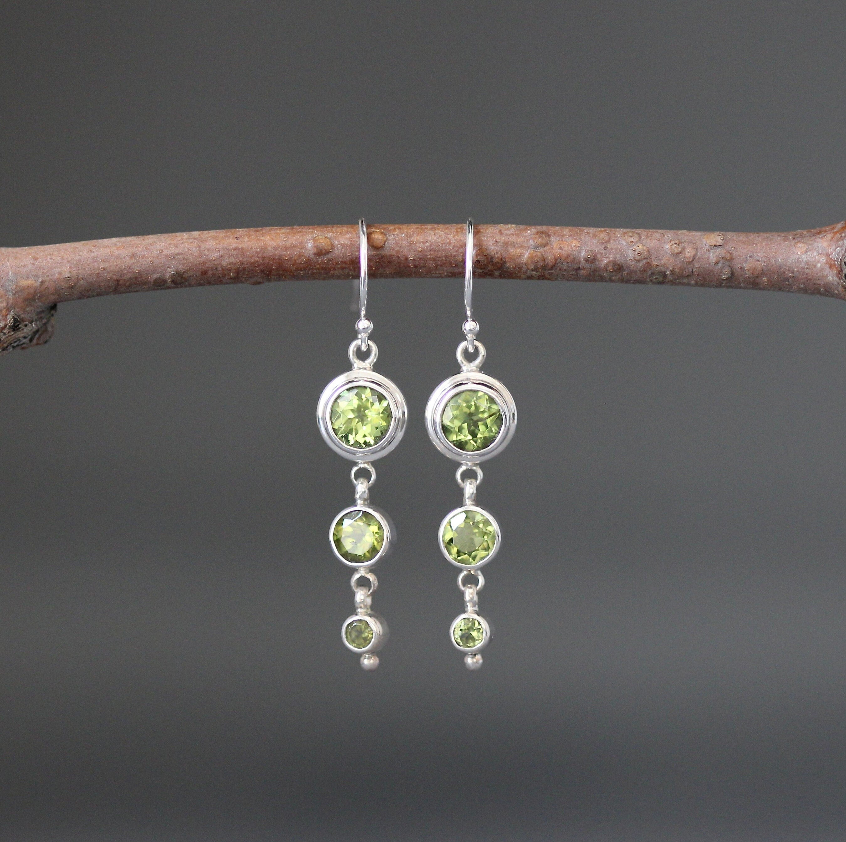 Peridot Three-Stone Graduated Bezel Sterling Silver Dangle Earrings