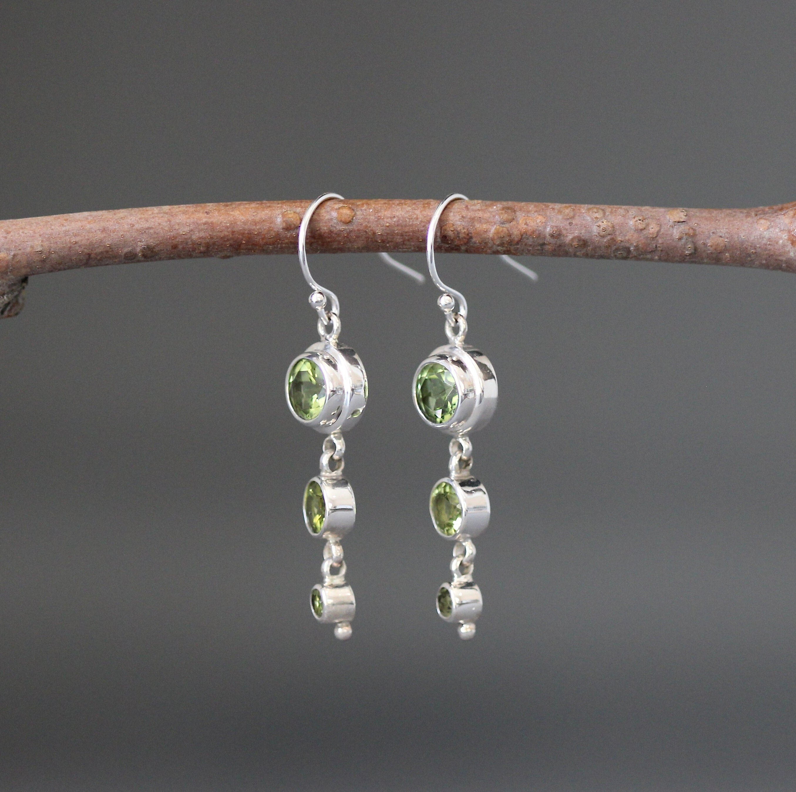 Peridot Three-Stone Graduated Bezel Sterling Silver Dangle Earrings