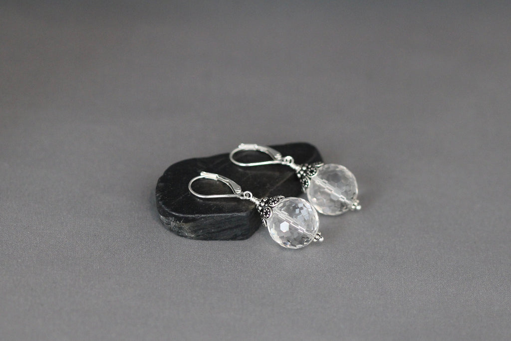 Clear Quartz Crystal Statement Earrings with Bali Silver Caps