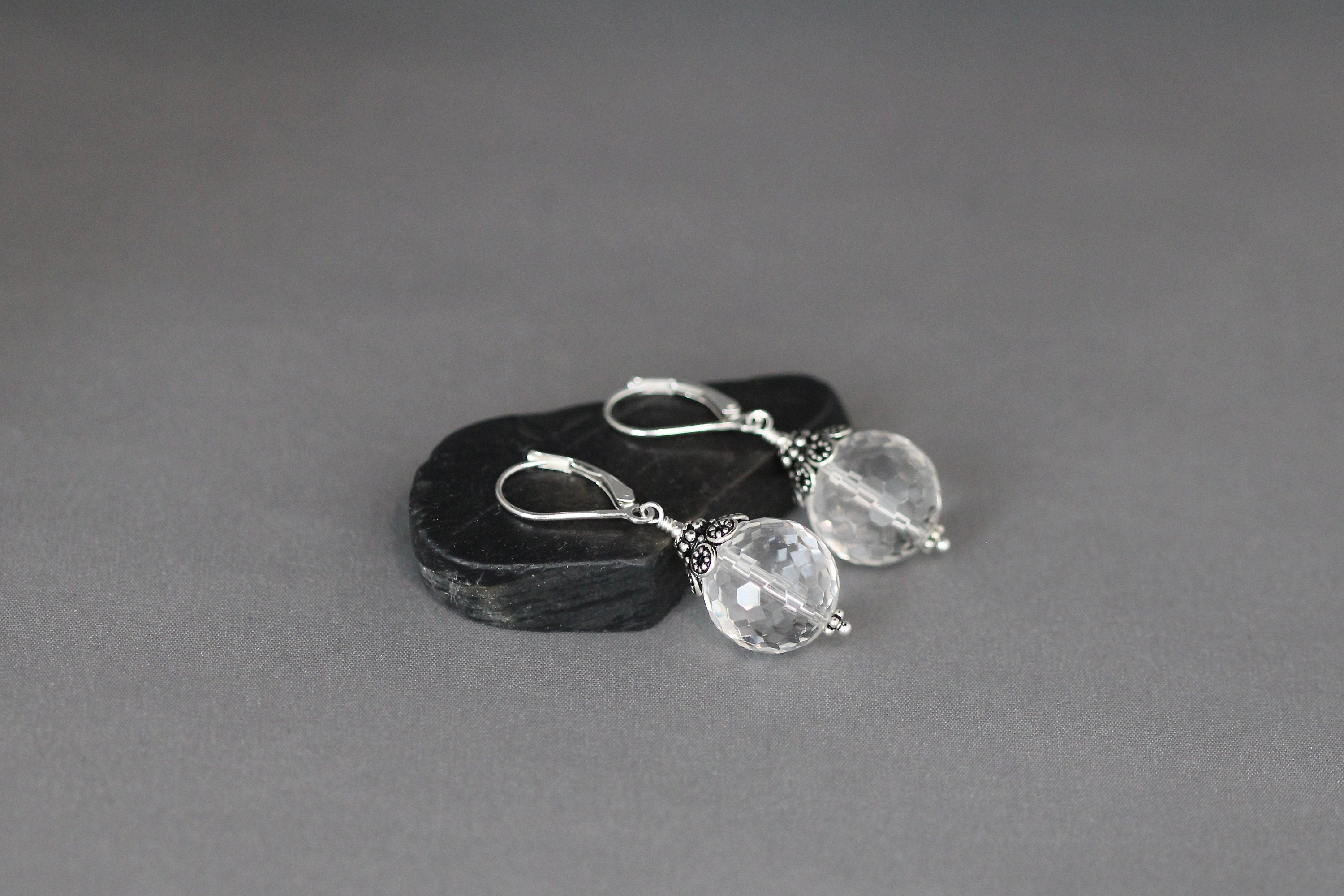 Clear Quartz Crystal Statement Earrings with Bali Silver Caps