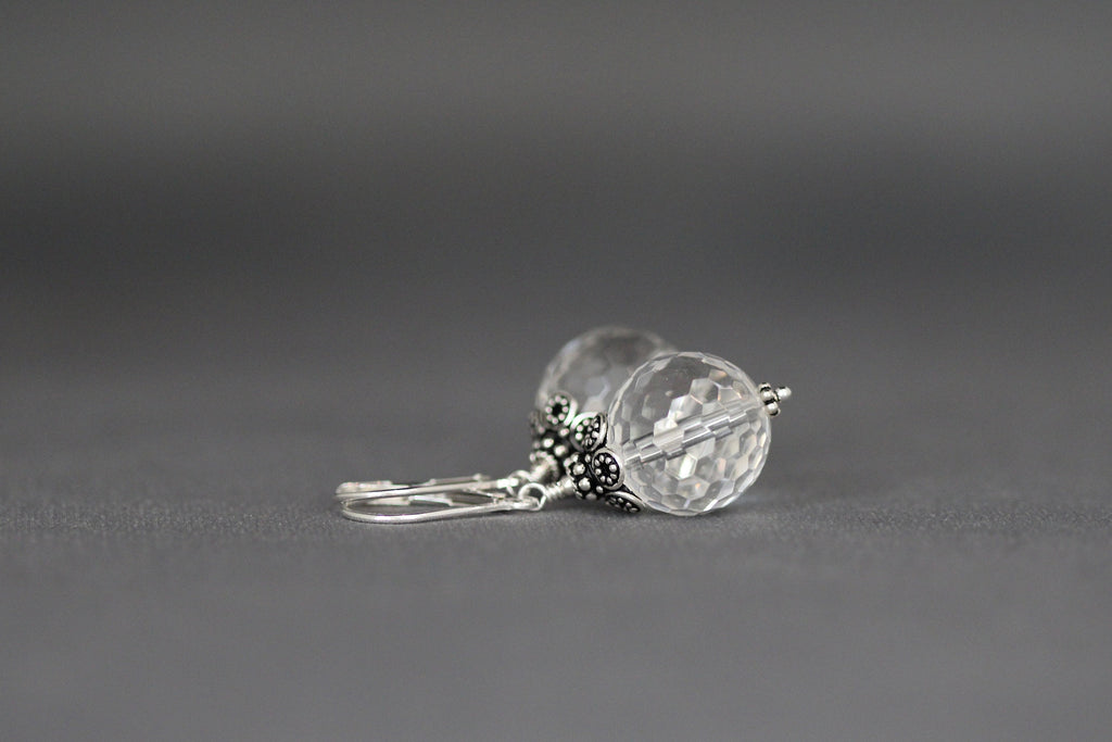 Clear Quartz Crystal Statement Earrings with Bali Silver Caps