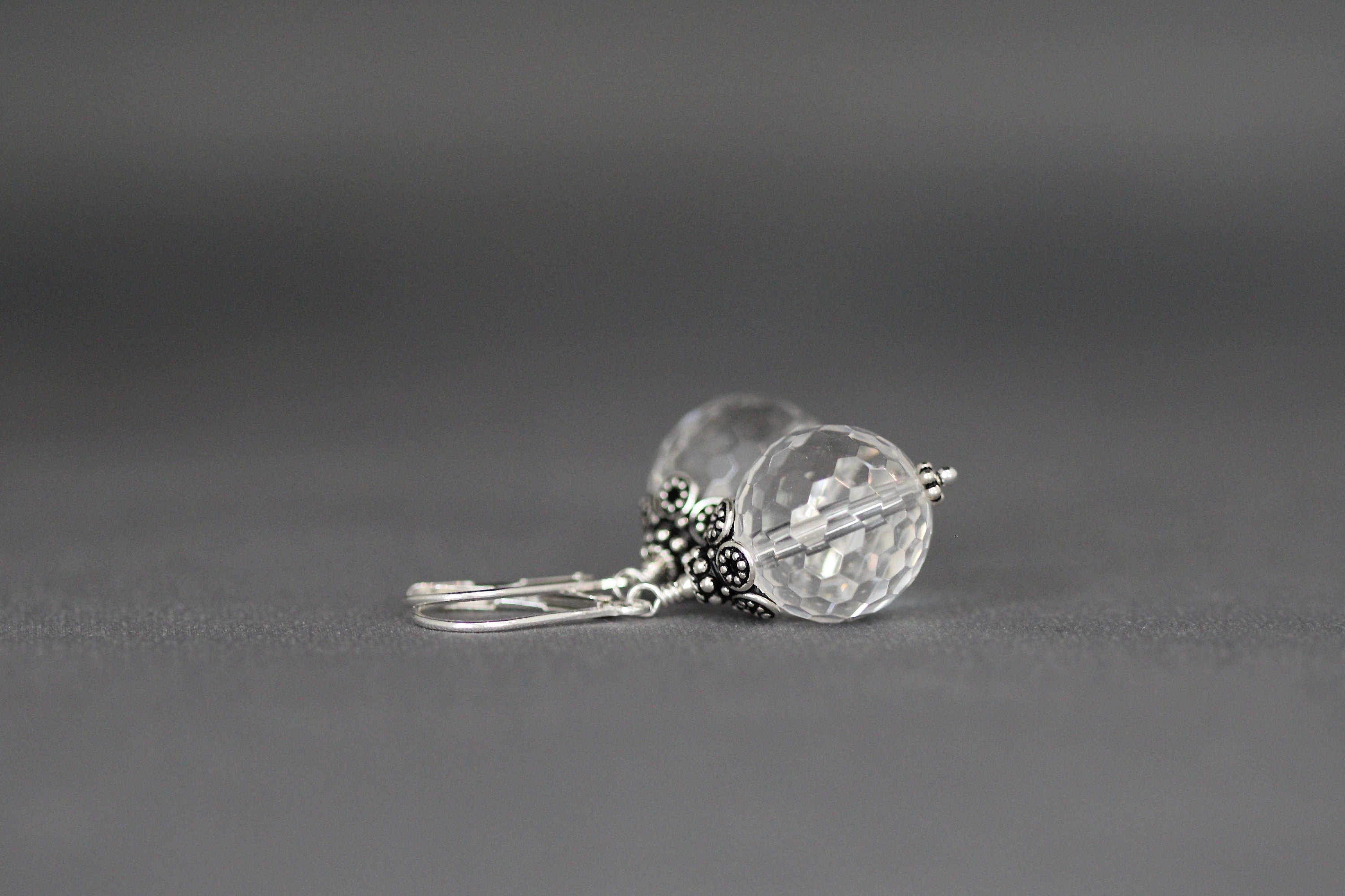 Clear Quartz Crystal Statement Earrings with Bali Silver Caps