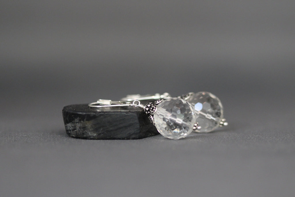 Clear Quartz Crystal Statement Earrings with Bali Silver Caps