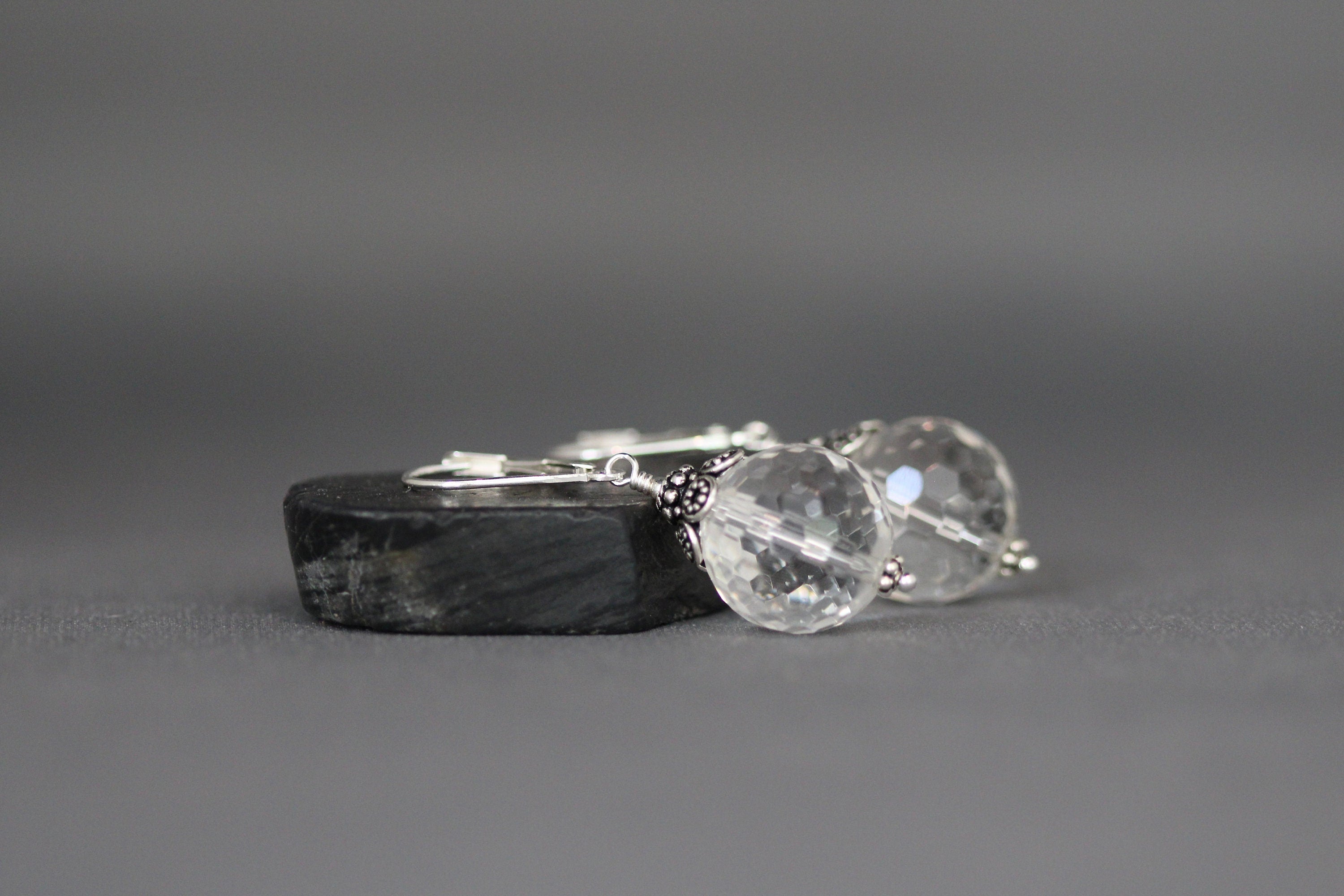 Clear Quartz Crystal Statement Earrings with Bali Silver Caps