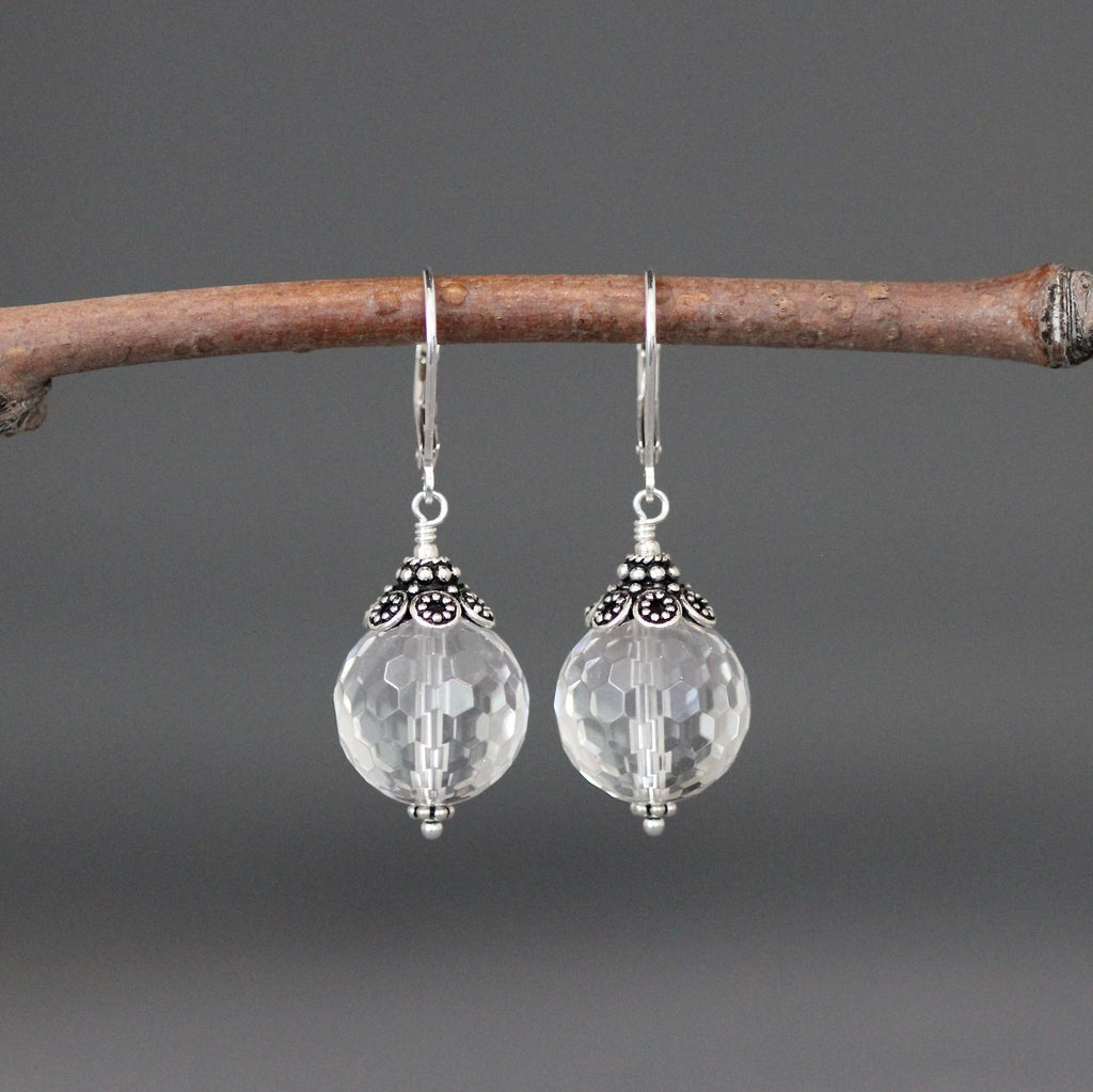 Clear Quartz Crystal Statement Earrings with Bali Silver Caps