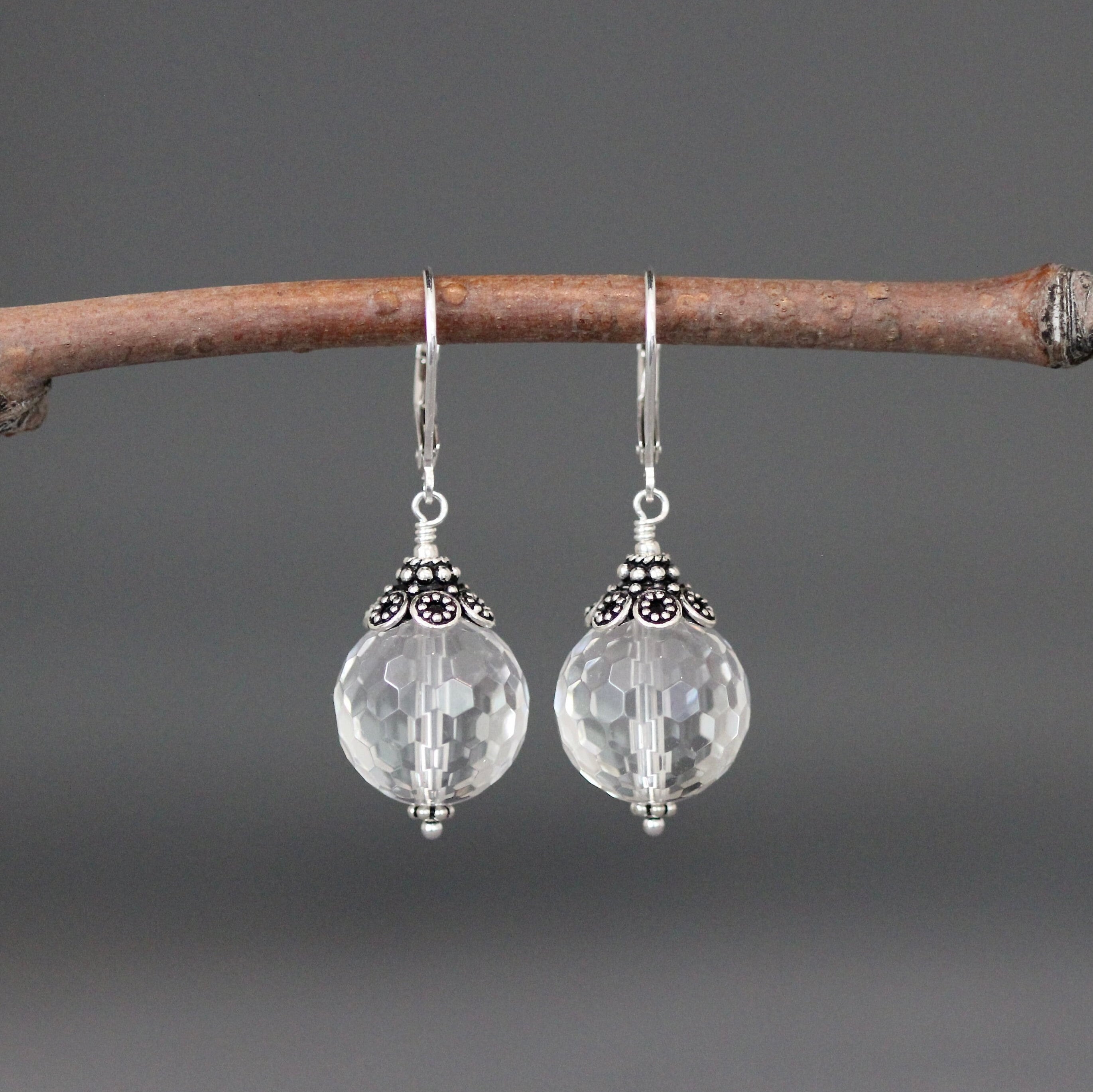 Clear Quartz Crystal Statement Earrings with Bali Silver Caps