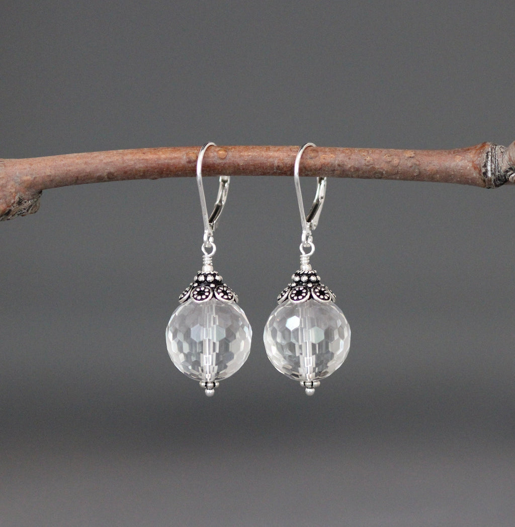 Clear Quartz Crystal Statement Earrings with Bali Silver Caps