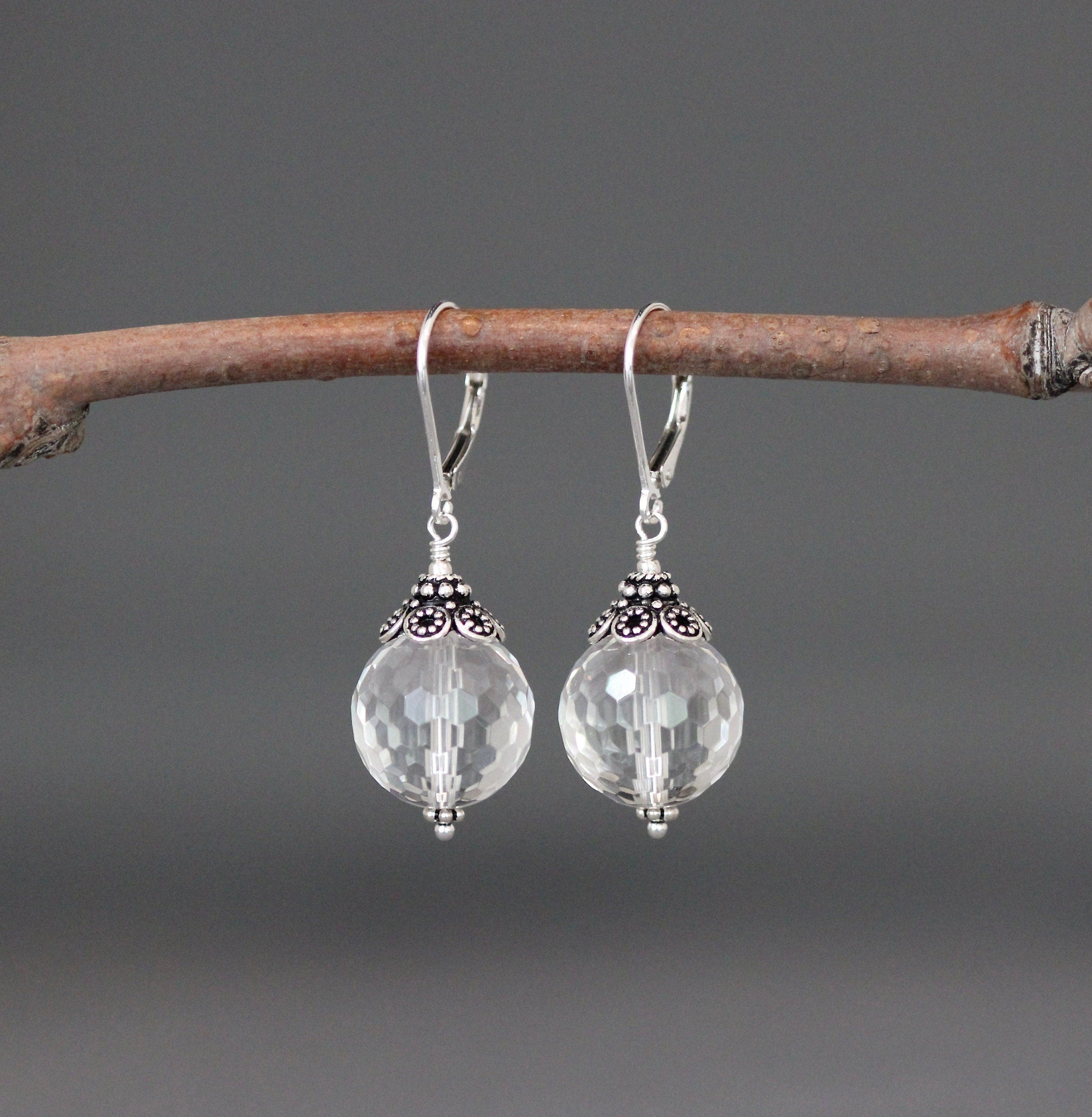 Clear Quartz Crystal Statement Earrings with Bali Silver Caps