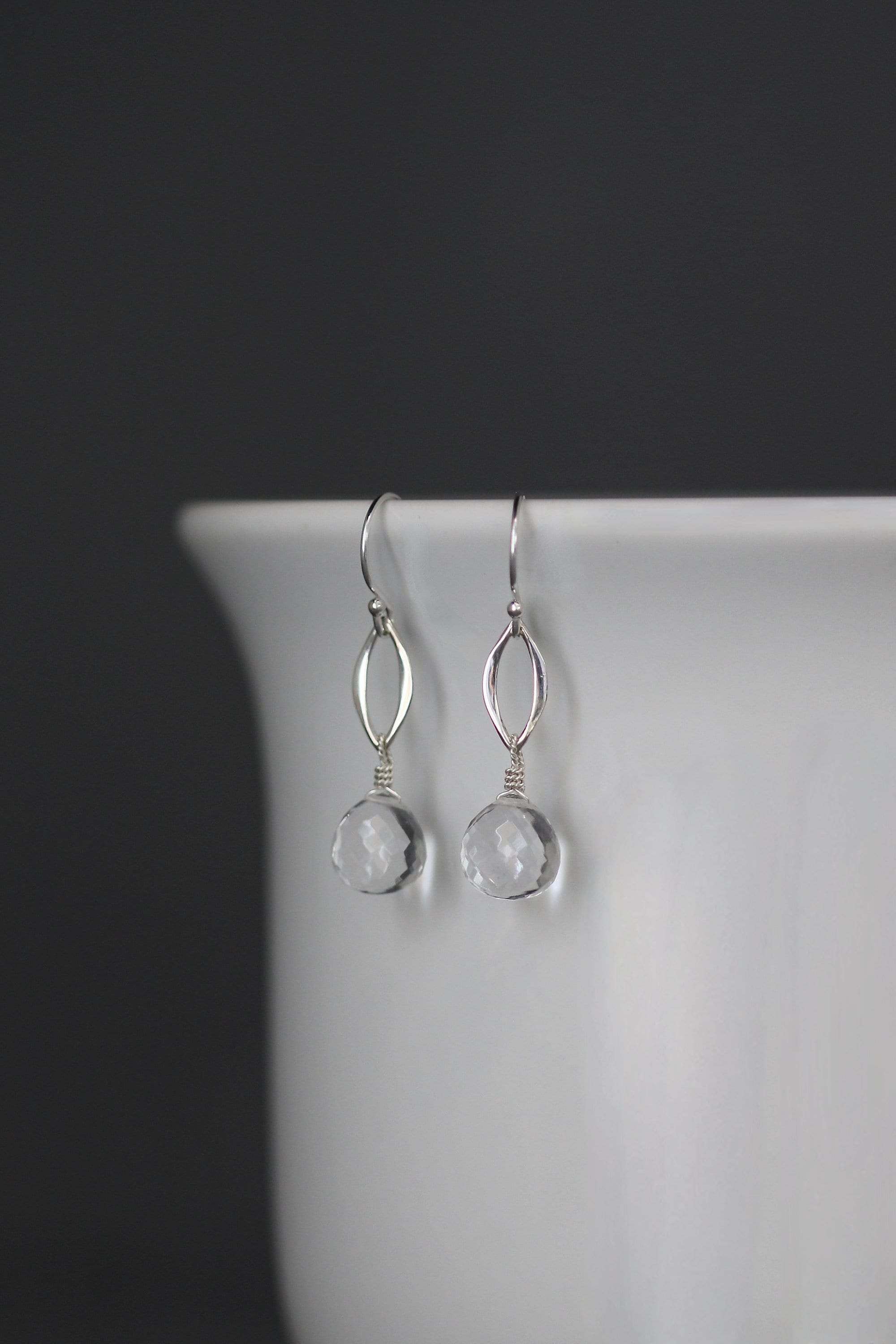 Clear Quartz Crystal Teardrop Earrings on Sterling Silver Marquise Links