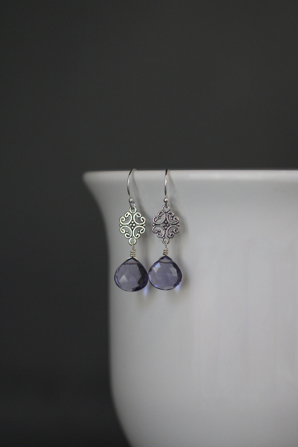 Blue Iolite Quartz Teardrop Earrings with Sterling Silver Filigree Links