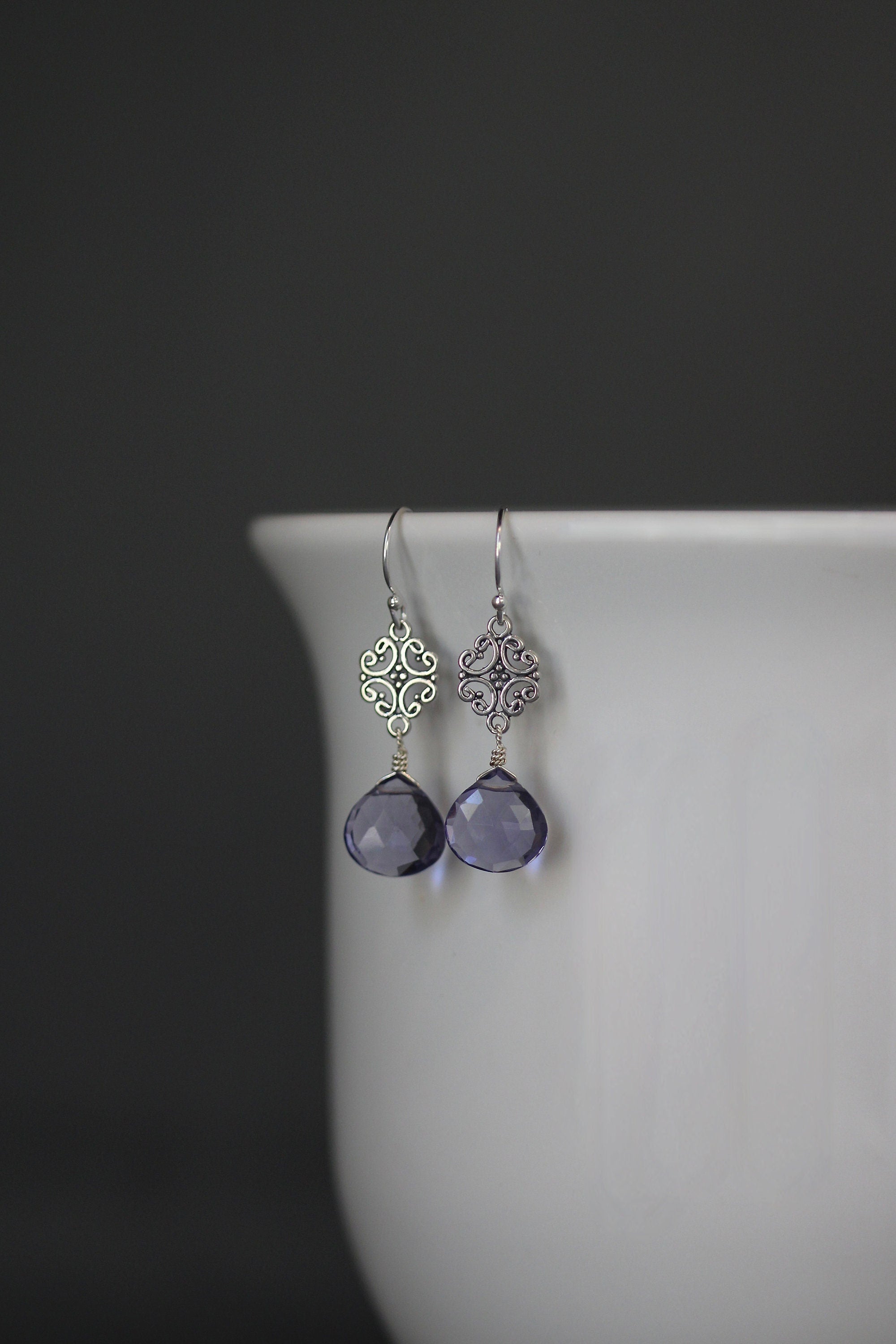 Blue Iolite Quartz Teardrop Earrings with Sterling Silver Filigree Links