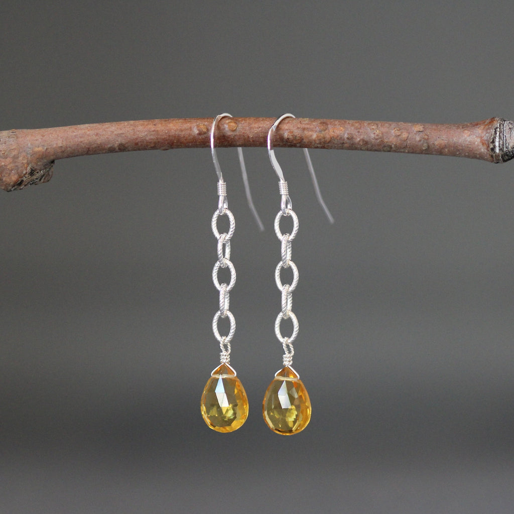 Citrine Quartz Teardrop Dangle Earrings on Sterling Silver Chain